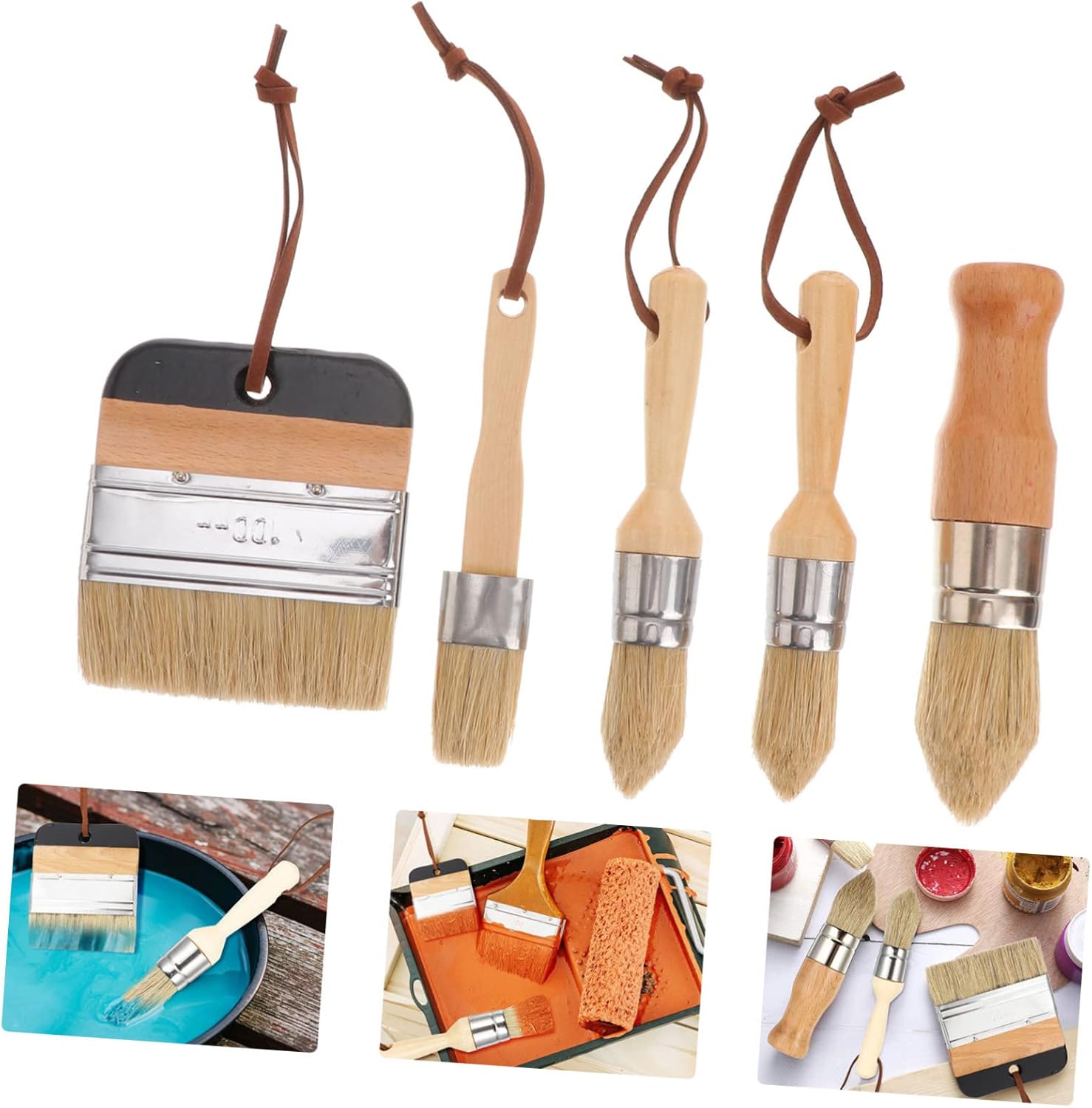 1set Round Paint Brushes for Varnish Wooden Handle Brush Household Painting Smooth Bristle Tools for Crafts and Furniture Finishing