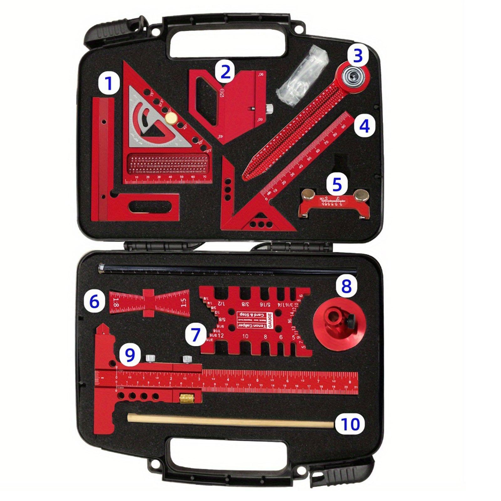 Milageto Set de Règles de Menuiserie Outil de Mesure Jauge de Traçage Équerre Polyvalente Rapporteur D'Angle En Aluminium avec Coffret Portable Approprié pour, 10 pièces