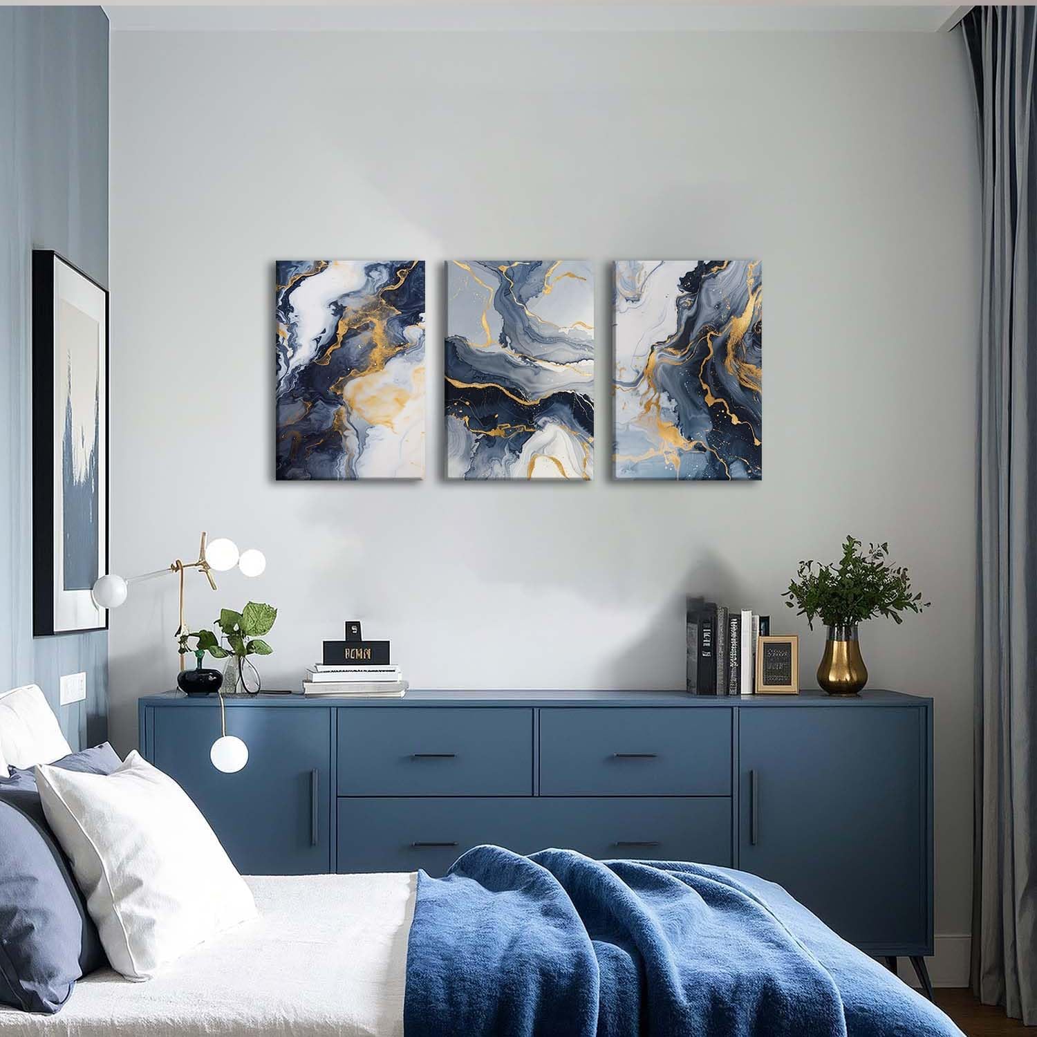 ZQARTZZQ 3 Piece Framed Wall Art Abstract Wall Decor Navy Blue and Gold Pictures Ink Wash Canvas Art Modern Minimalism Paintings Artwork For Living Room Bedroom Bathroom Office16x24in