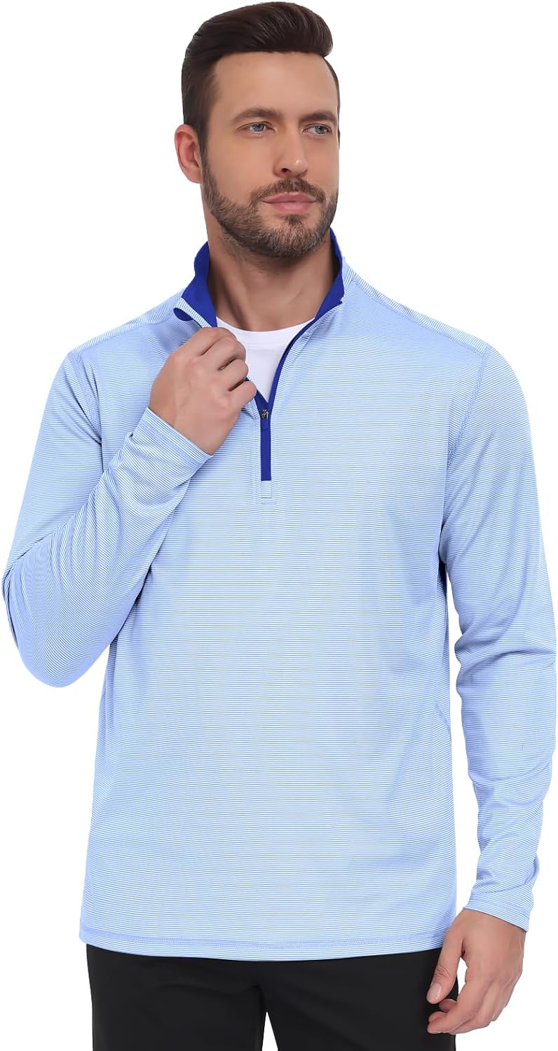 Mens Quarter Zip Golf Pullover - Long Sleeve, Striped, UPF 50+, Dry-Fit with Collar for Running & Casual - Image 2