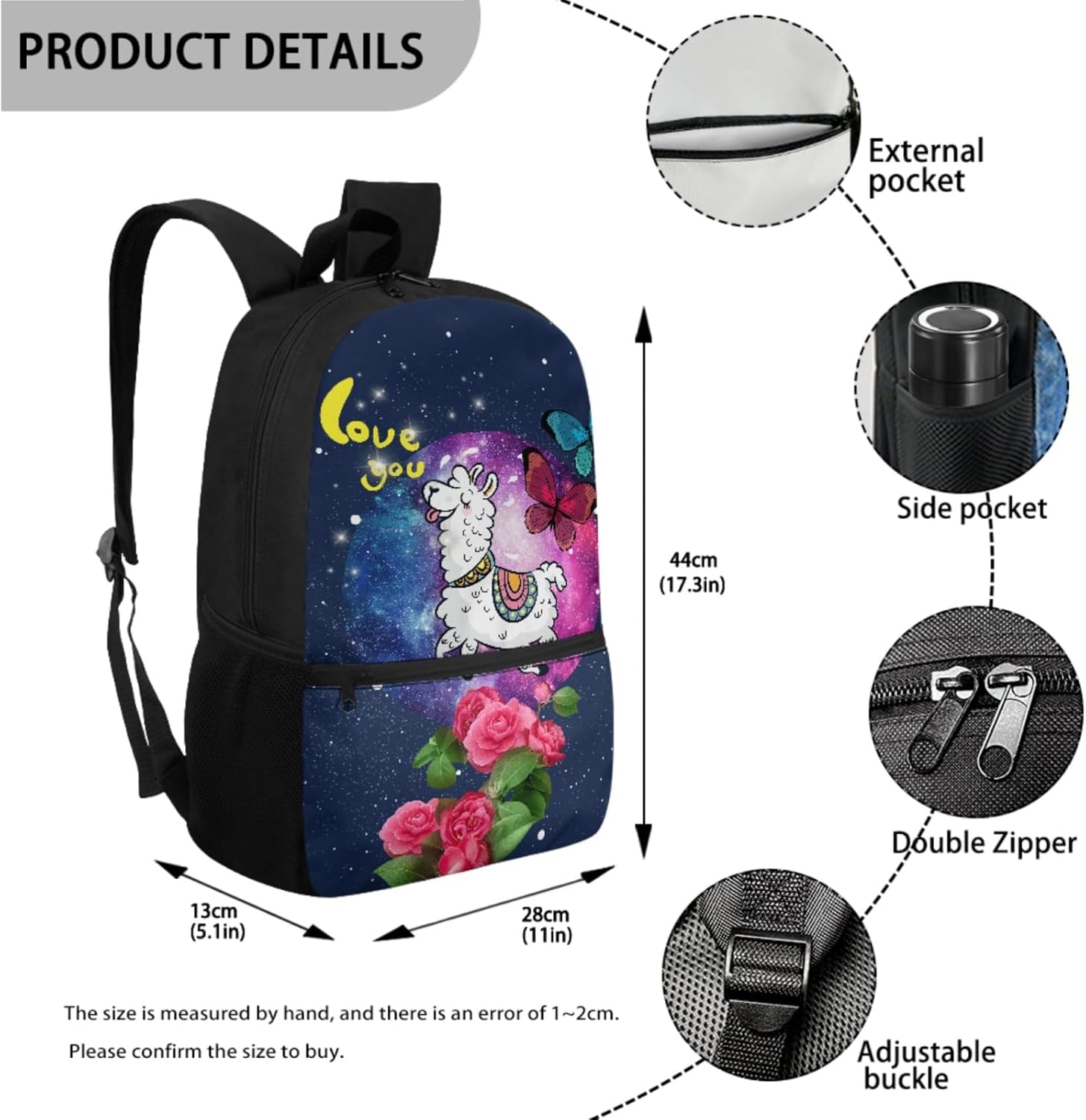 Alpaca Flower Children School Backpack Set for Boys Girls Heavy Duty Schoolbag with Front Zipper Pocket Insulated Lunch Box