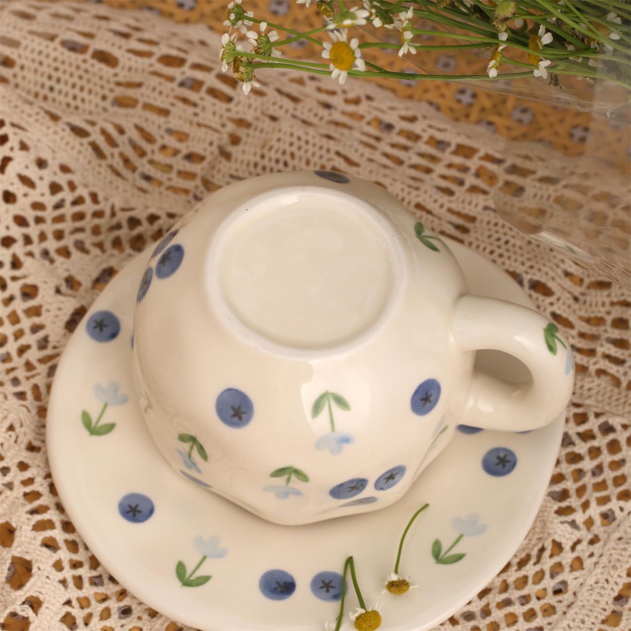 TREEWOO Tasse Et Soucoupe Céramique Artisanale Coréenne Myrtilles - 237 Ml, Style Irrégulier Pincé Main