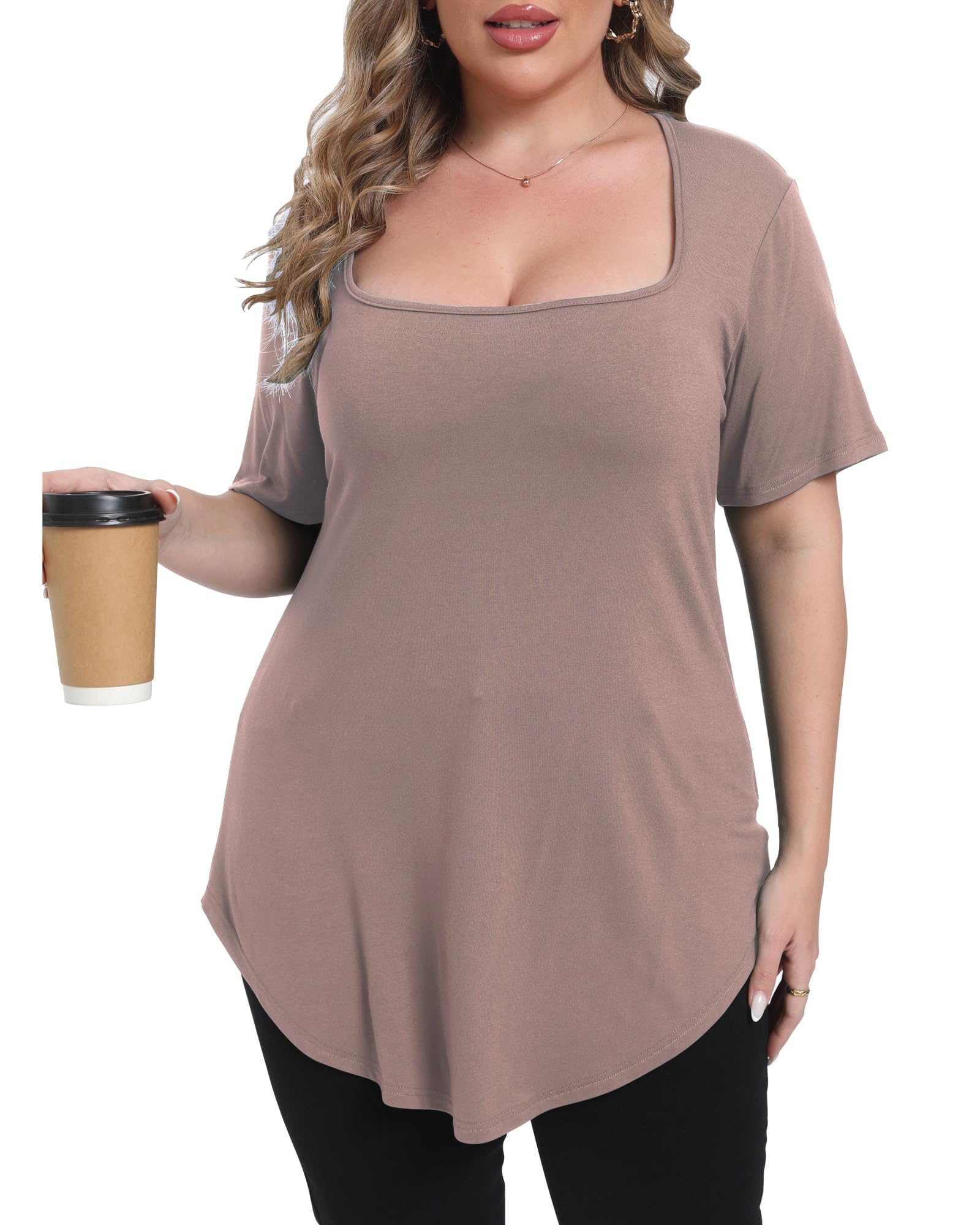 Womens Plus Size Tops Tunic Square Neck Short Sleeve Shirts Summer Loose Fit Dressy Casual Blouse