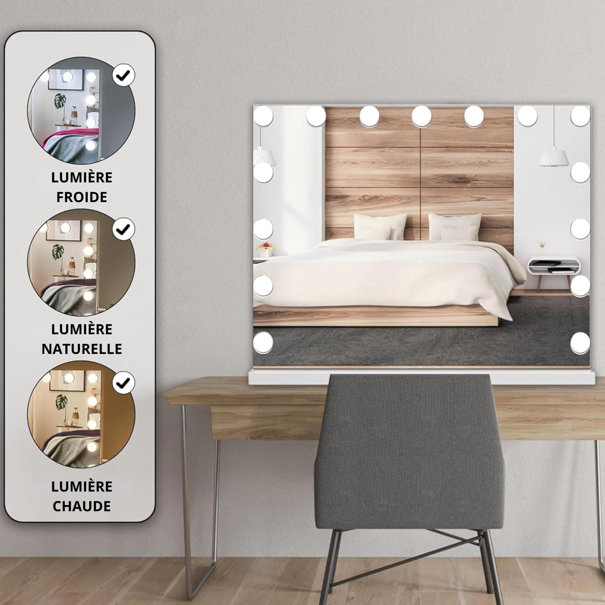 Bayt Miroir Hollywood Lumineux Grande Taille | 58x46 CM Miroir Coiffeuse Éclairage LED 3 Couleurs avec Commande Tactile Dimmable | Grand Miroir Maquillage pour Chambre, Blanc