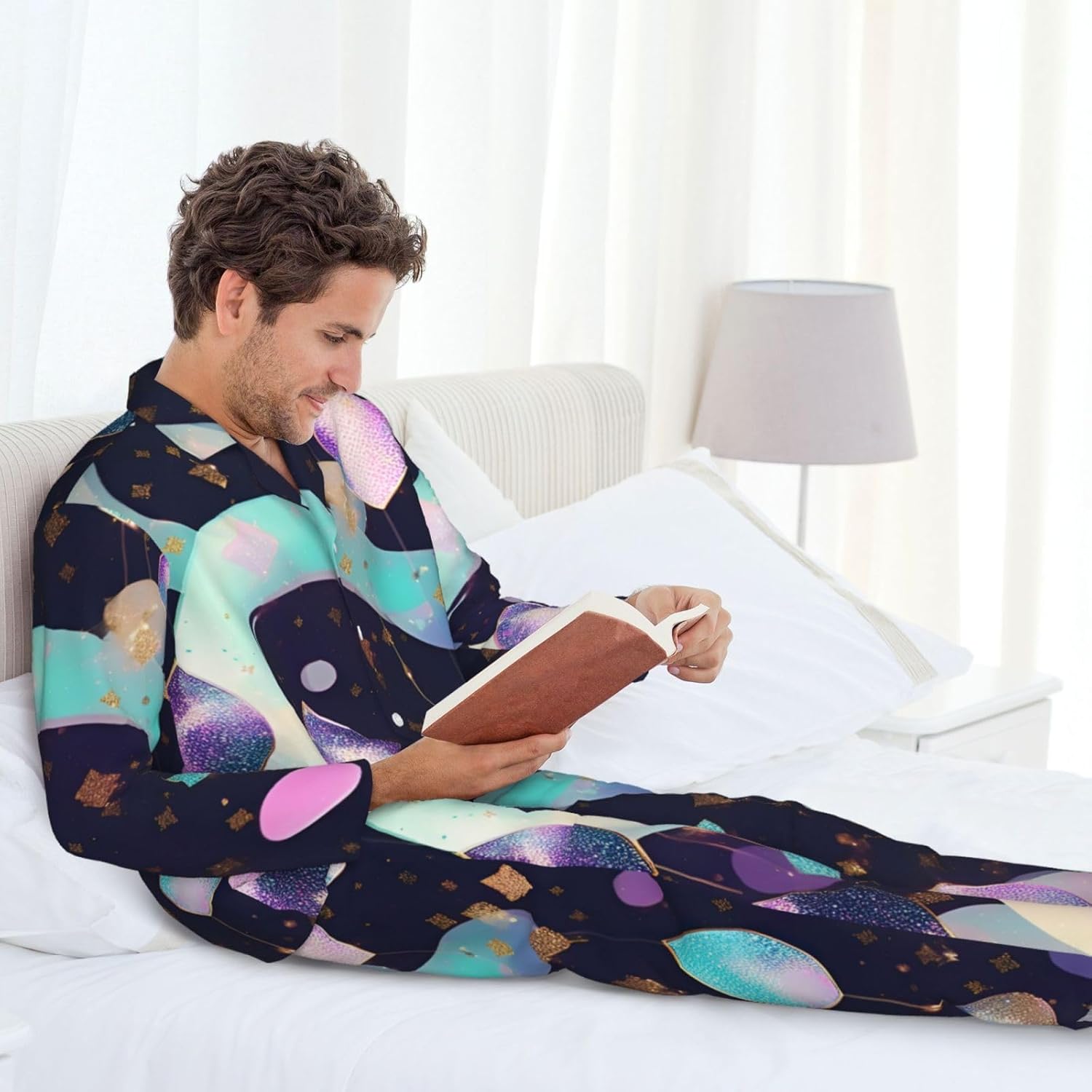 Glittery Pretty Pattern Print Luxurious Mens Pajamas Set,Soft Breathable Pajamas, Perfect For Winter Christmas
