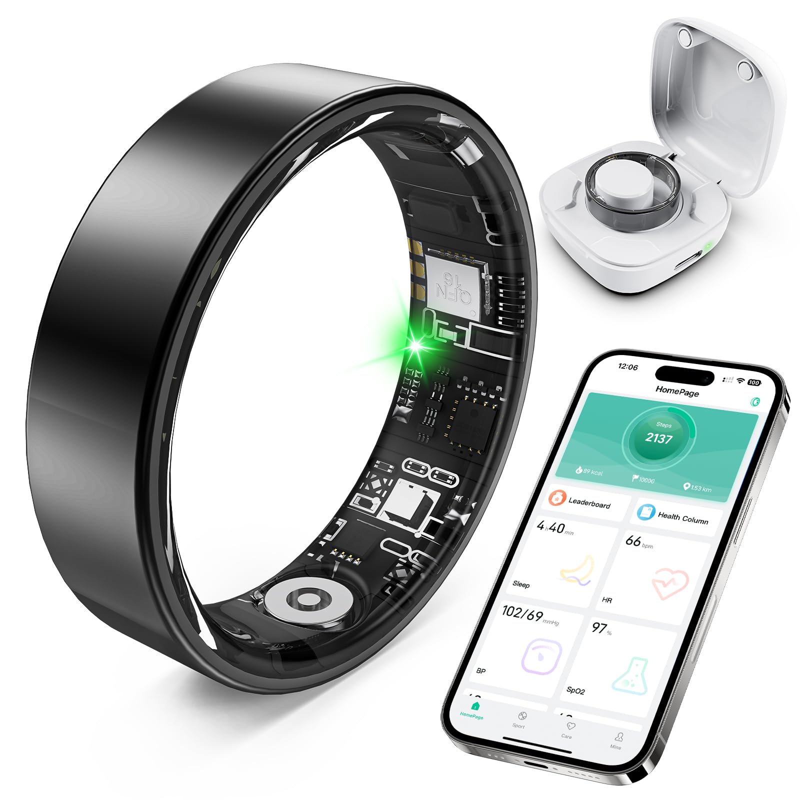 SARUNN ER Smart Ring with Sleep Monitoring, Step Counting, Heart Rate, Blood Oxygen for iPhone and Android, No Subscription Fee, IP68 Waterproof