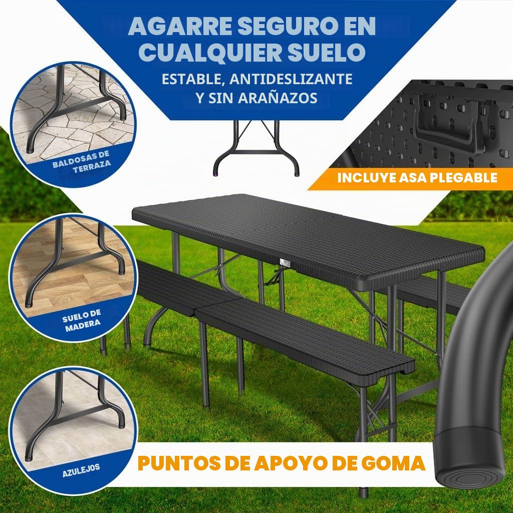KESSER® Mesa Buffet Plegable de plástico 180 x 75 cm con Aspecto de ratán, Mesa de Fiesta, de jardín para terraza y balcón 6 Personas Incl. asa de Transporte, Antracita