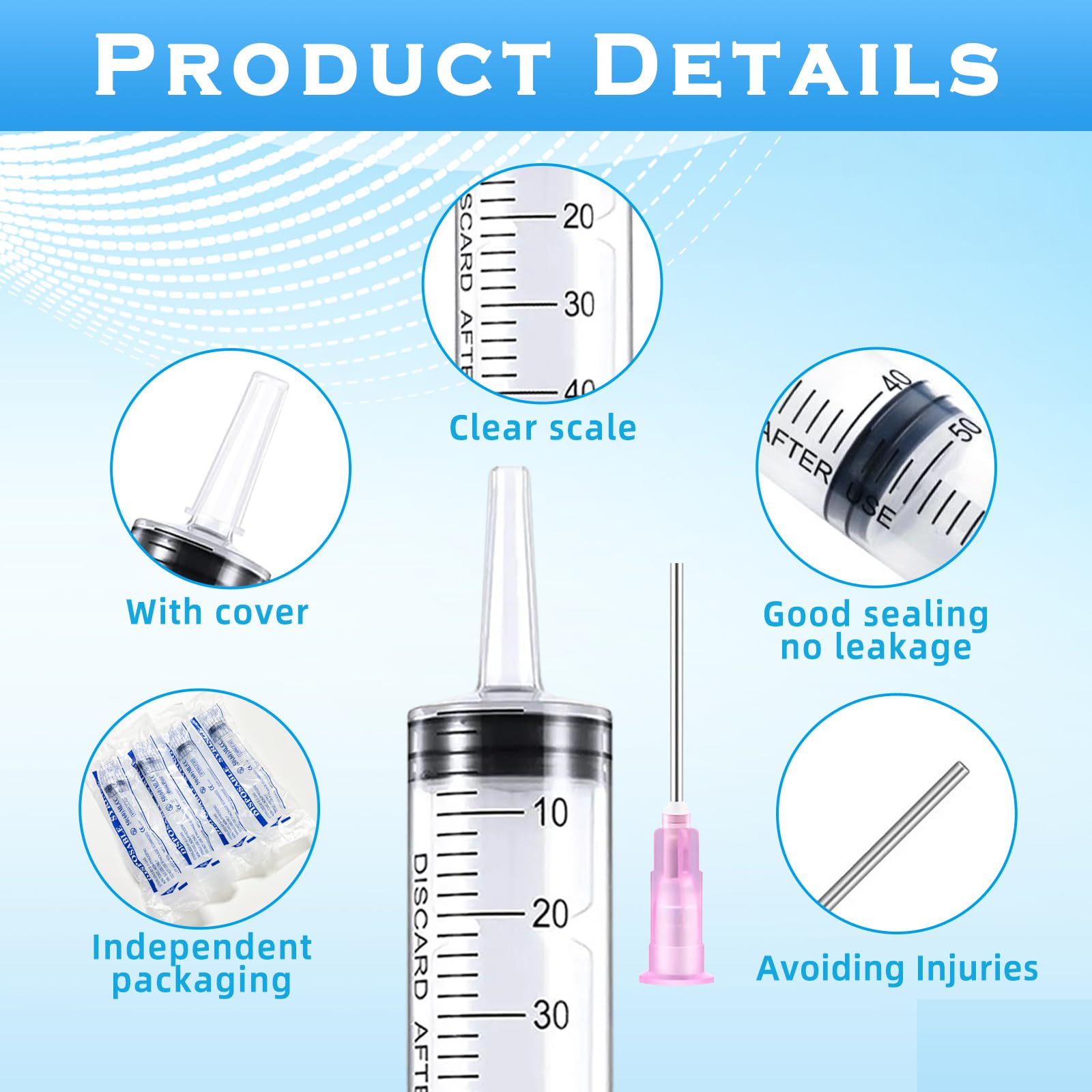 6 sztuk strzykawek 50 ml (60 ml) z igłą, strzykawka z wężem, pojedynczo zapakowana, idealna do karmienia zwierząt laboratoryjnych, nawadniania roślin przemysłowych