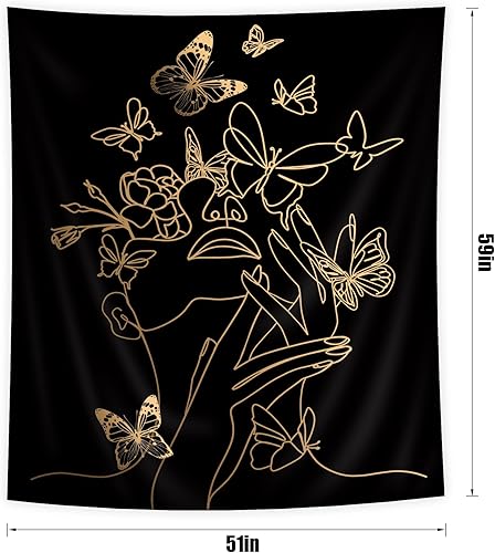 Miniatura 5 de SVBright Tapiz para colgar en la pared, diseño de flores y mariposas de 51 pulgadas de ancho x 59 pulgadas de alto, línea de arte estética, moderno,