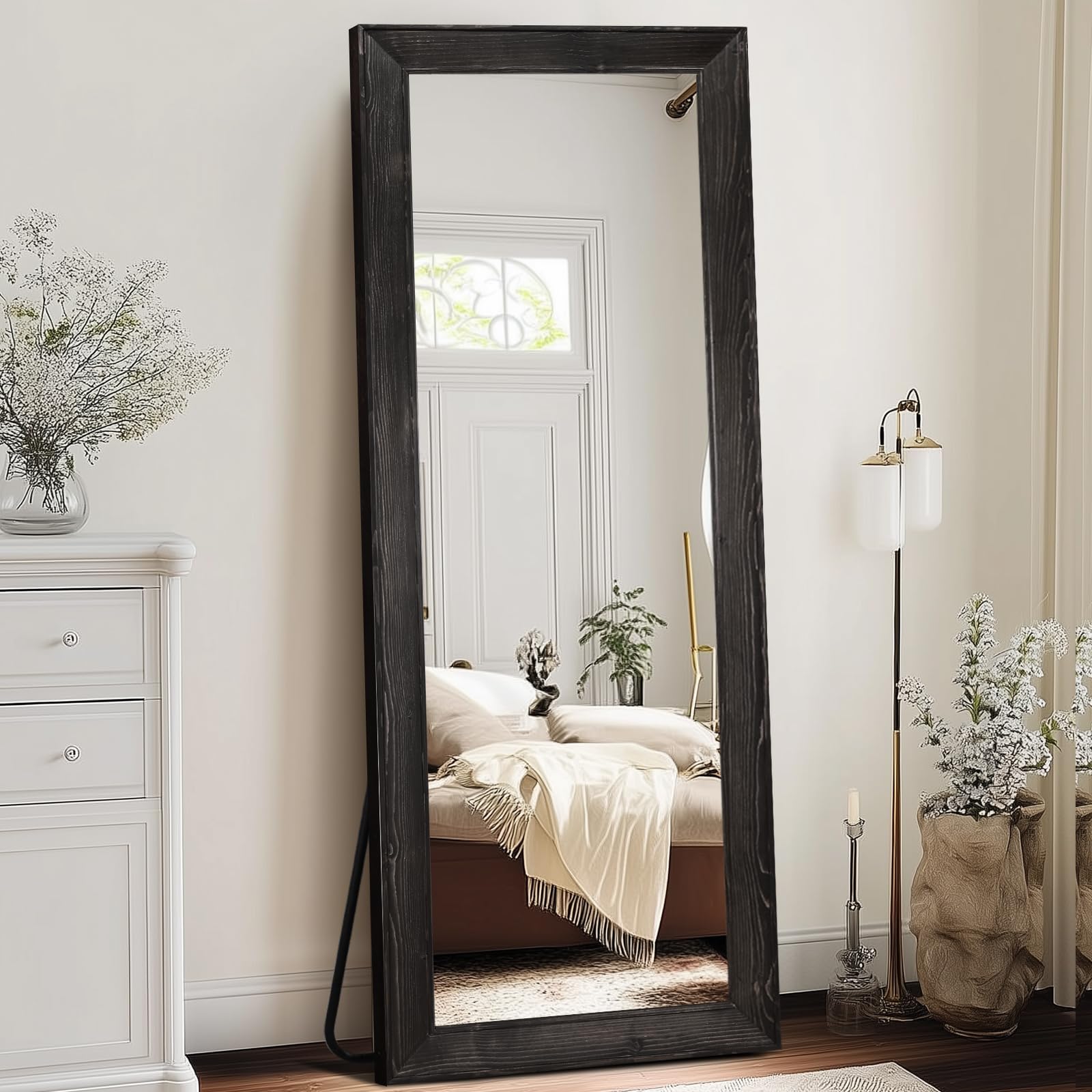 65x24in Full Length Mirror, Rustic Black Beveled Wood Frame