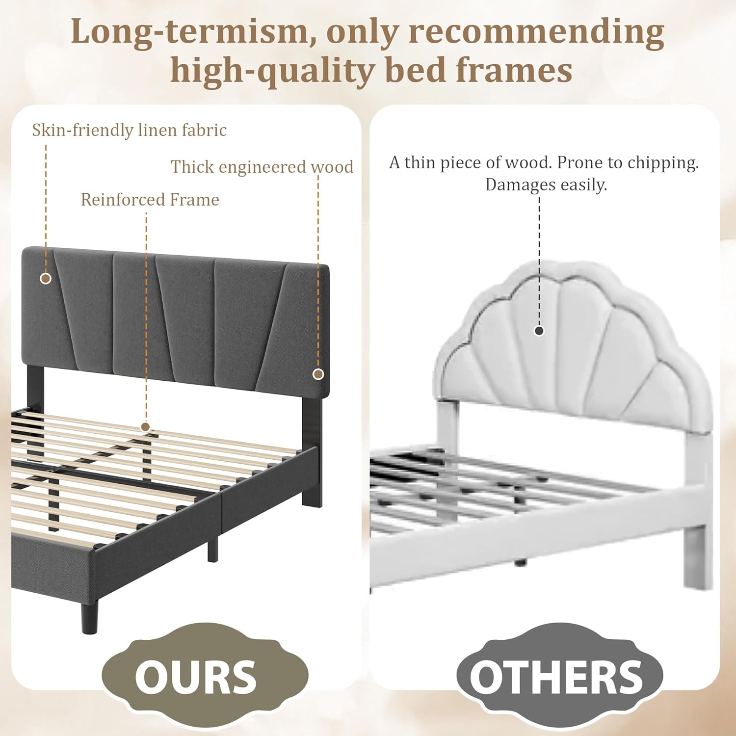 IDEALHOUSE Queen Size Bed Frame with Adjustable Headboard, Linen Upholstered Queen Platform Bedframe with Strong Wooden Slats, Mattress Foundation, No Box Spring Needed, Easy Assembly