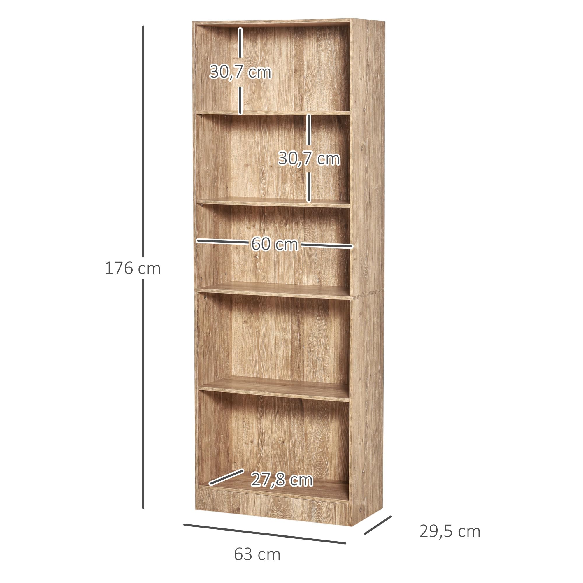 HOMCOM Bibliothèque à 5 Niveaux 63x29,2x176 cm Bois Naturel