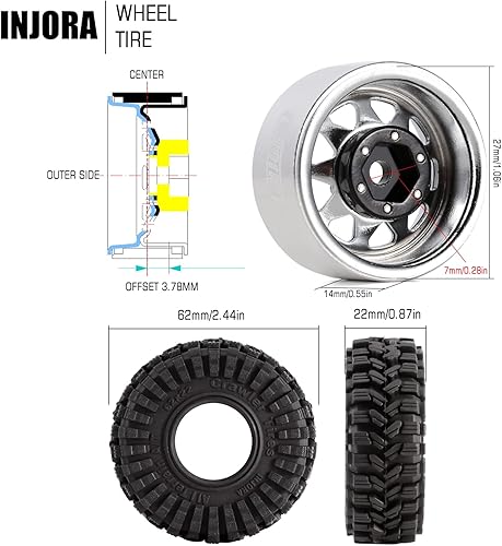 Vista 23 de INJORA 1.0 Beadlock - Juego de neumáticos de rueda de desplazamiento de 0.149 in para 1/18 1/24 RC Crawler Car Axial AX24 SCX24 FMS FCX24 TRX4M, gris