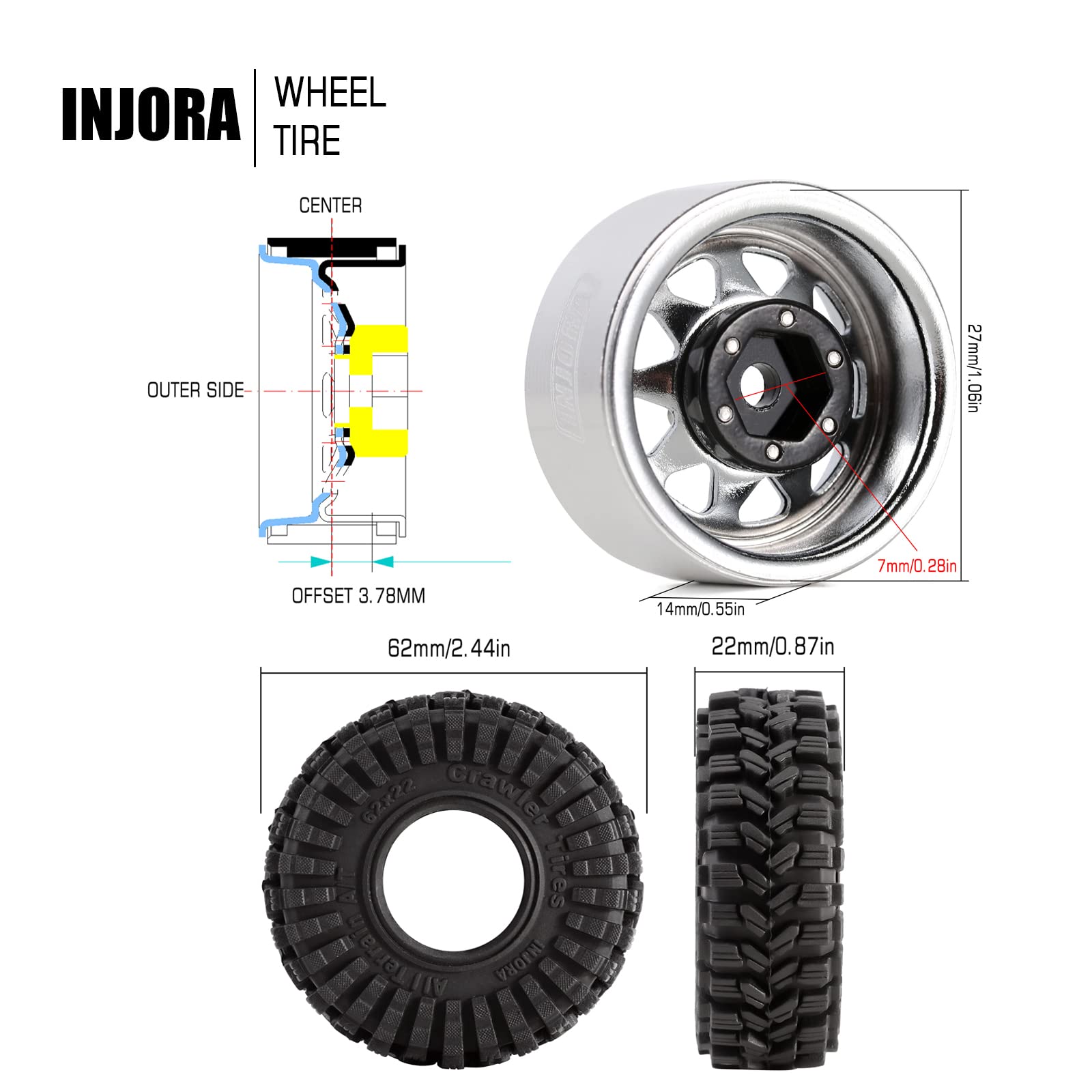 Amazon | INJORA 1.0 ビードロックホイールタイヤセット -3.78mm