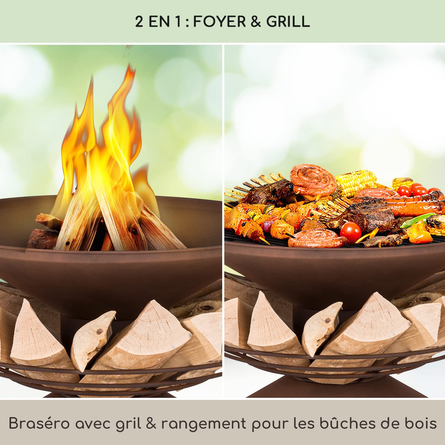 Blumfeldt Brasero Exterieur pour Le Jardin et Terrasse, Brasero Portable, Couvercle Pare-Etincelles, Bol en Acier, BBQ Circulaire avec Foyer Camping, Brûleur à Bois Résistant aux Intempéries
