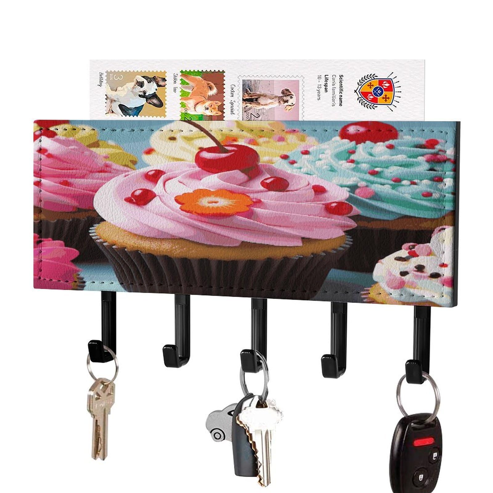 FekiLoot Cupcake Key Holder Wall Mount Key Hanger with 5 Hooks Decorative Key Rack Hanging Key Hooks with Mail Organizer Key Holder for Wall Living Room Kitchen Bathroom Hallway Black