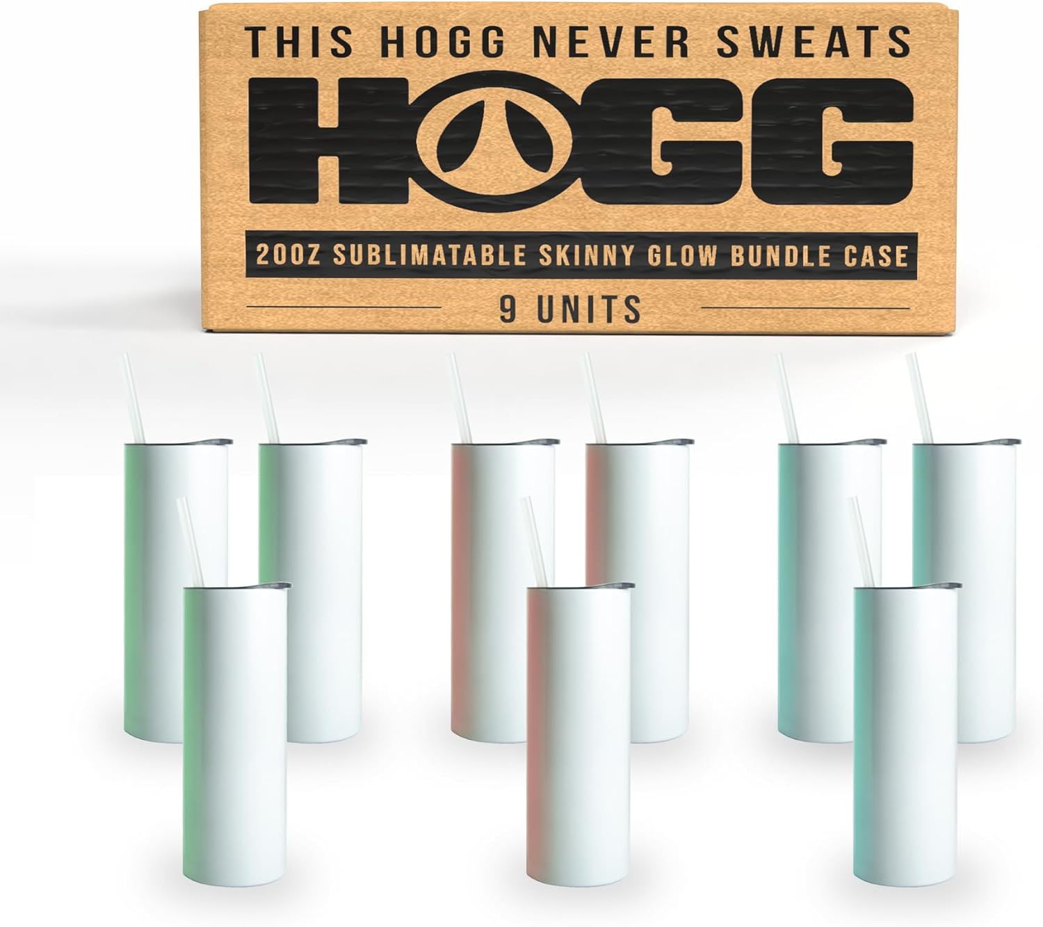 Hogg 20 oz Glow in the Dark Sublimation Tumblers (9 Units) - Bundle, Sublimation Blanks, Glow in the Dark Tumbler, 20oz Skinny, Blank Cups with Lids and Straws, 3 Green 3 Red 3 Blue Bundle