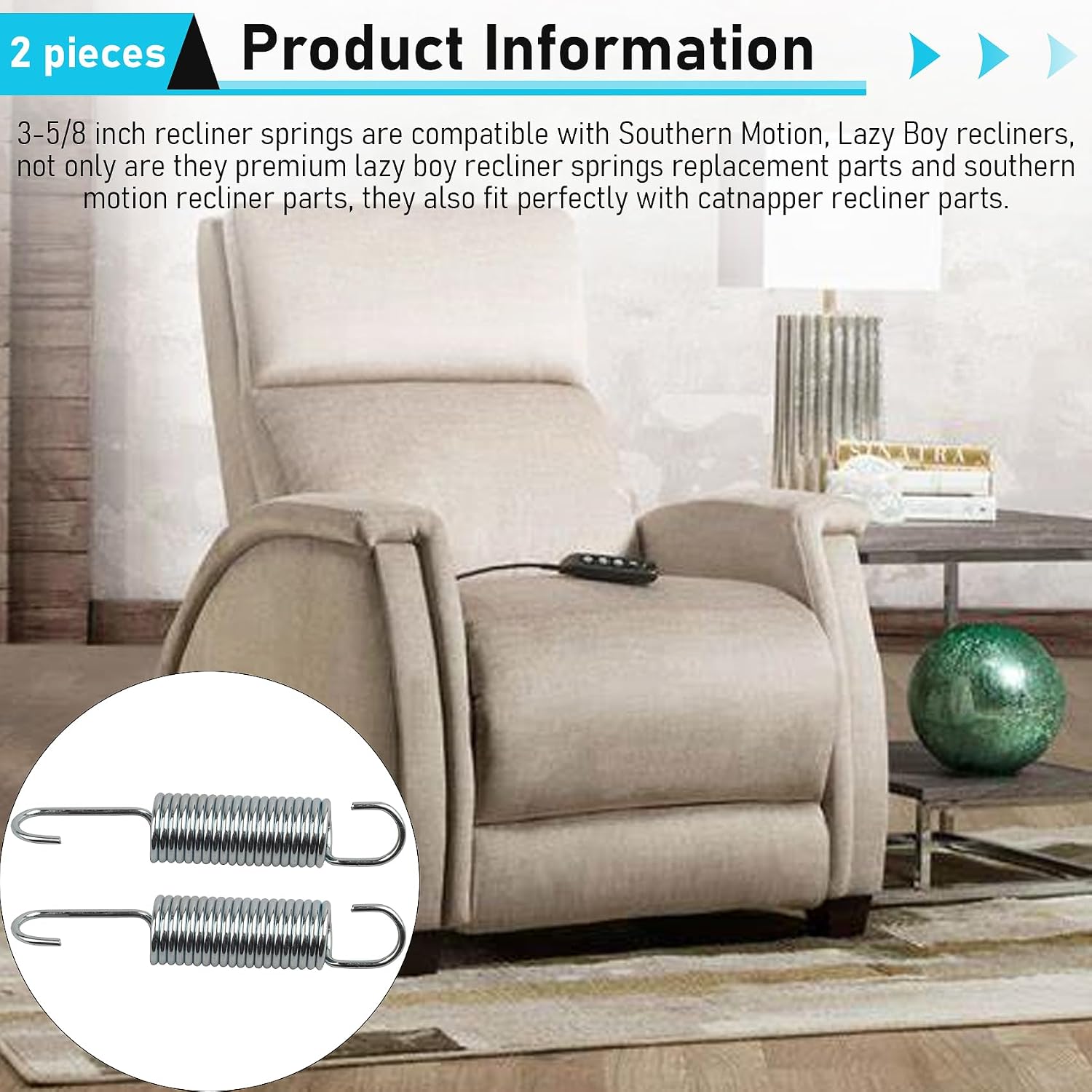 2 Pack 3-5/8 Inch Recliner Springs, Long Neck Hook Tension