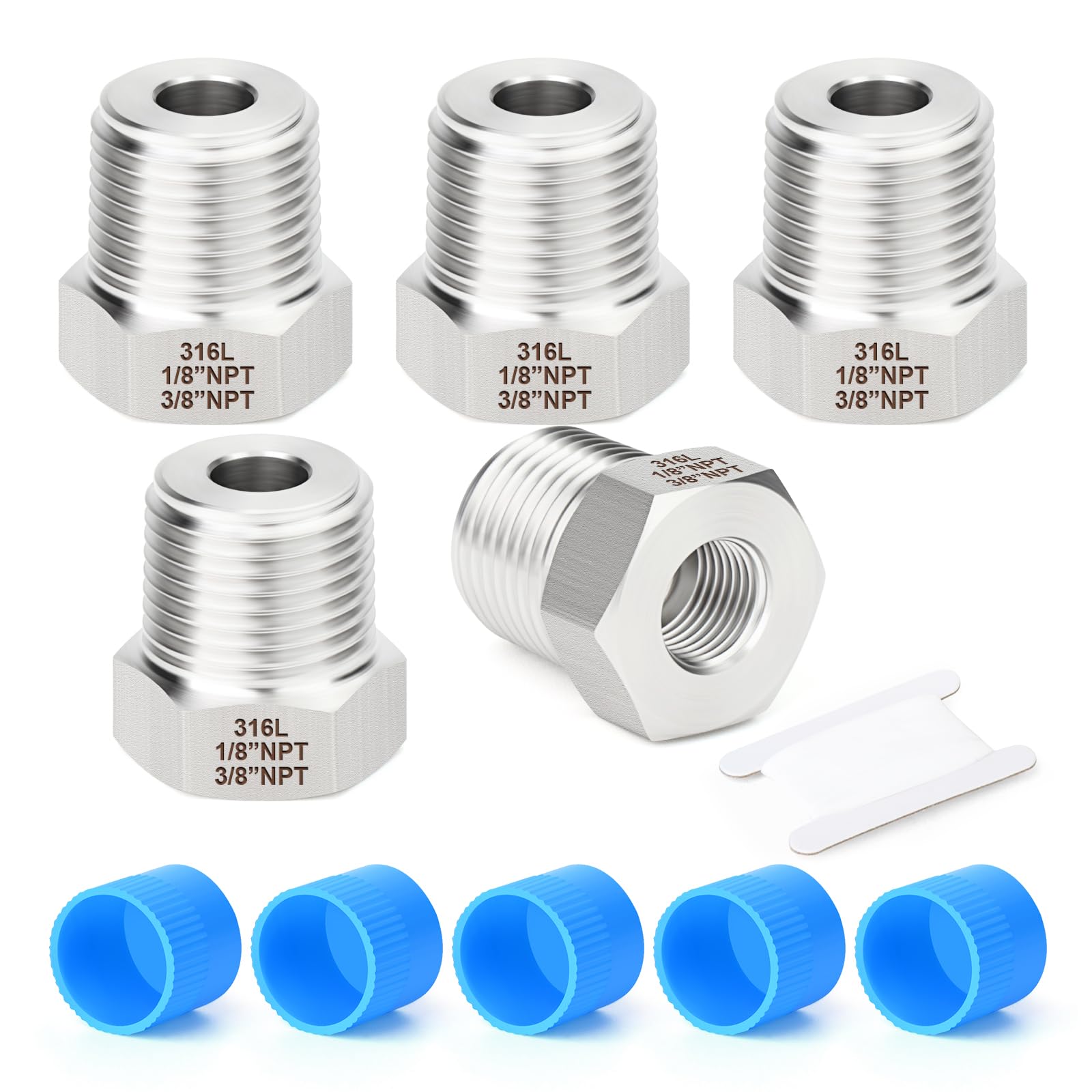 TAISHER 5PCS Forging of 316L Stainless Steel Reducer Hex Bushing, 3/8" Male NPT to 1/8" Female NPT, Reducing Forging Pipe Adapter Fitting