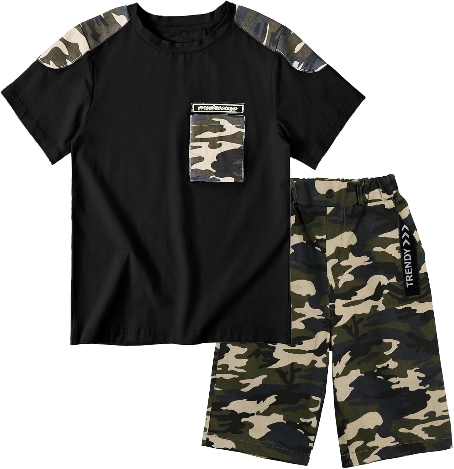 LOLANTA Boy Summer Clothes Kids Casual 2 Piece Outfit Cotton T-Shirt Camouflage Shorts Set