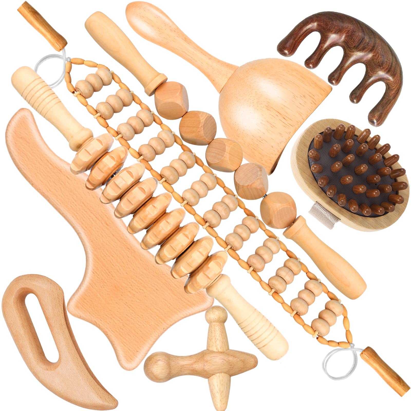 Juego de 9 herramientas de masaje de madera terapéutica para el modelado del cuerpo, kit Maderoterapia para drenaje linfático anticelulítico, juego de copas y rodillos de masaje curvados de madera