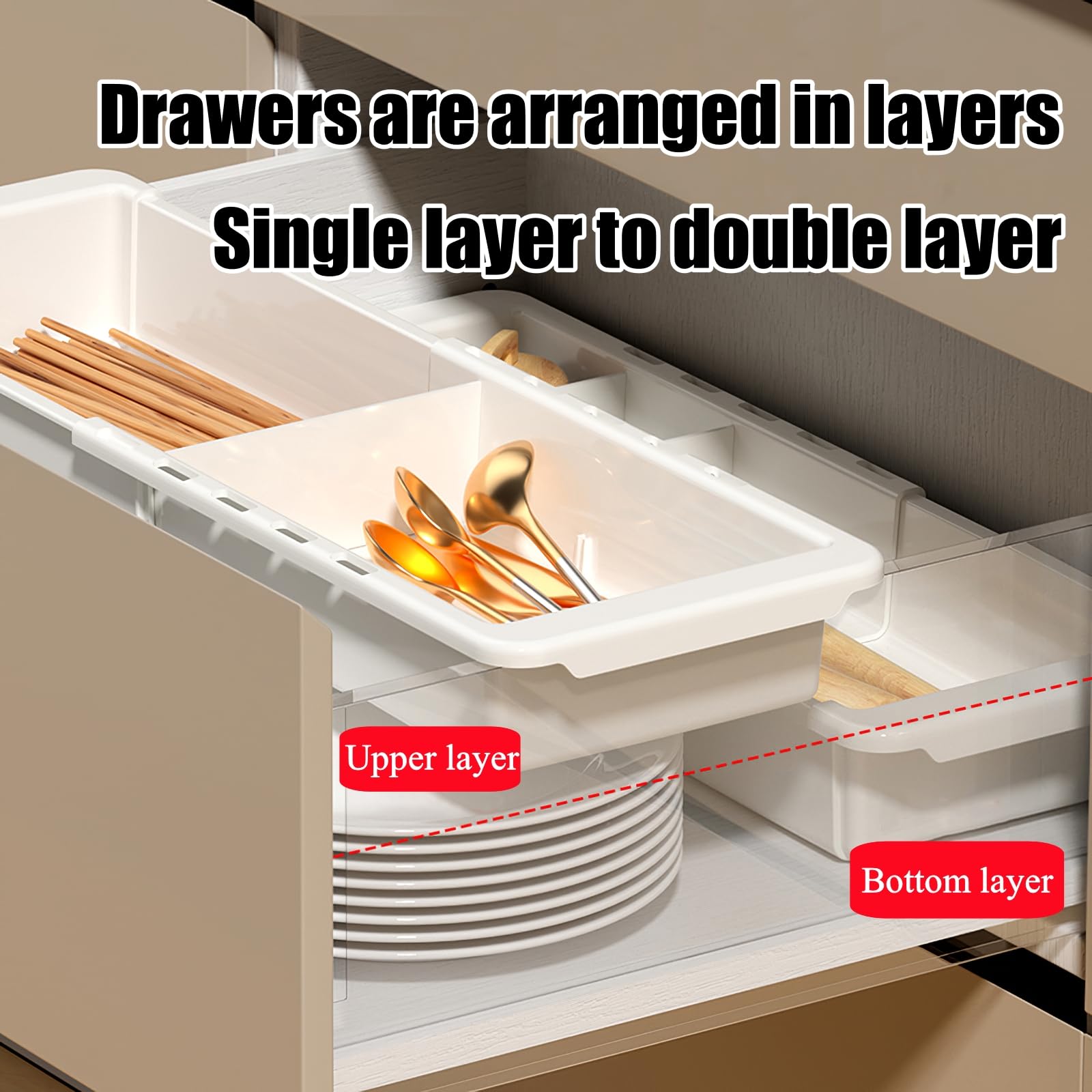 YOOUSOO Lot de 2 plateaux de rangement extensibles pour tiroir réglables, séparateurs de tiroir et rangement pour fournitures de bureau, stylos, maquillage, ustensiles, outils, couverts et déchets