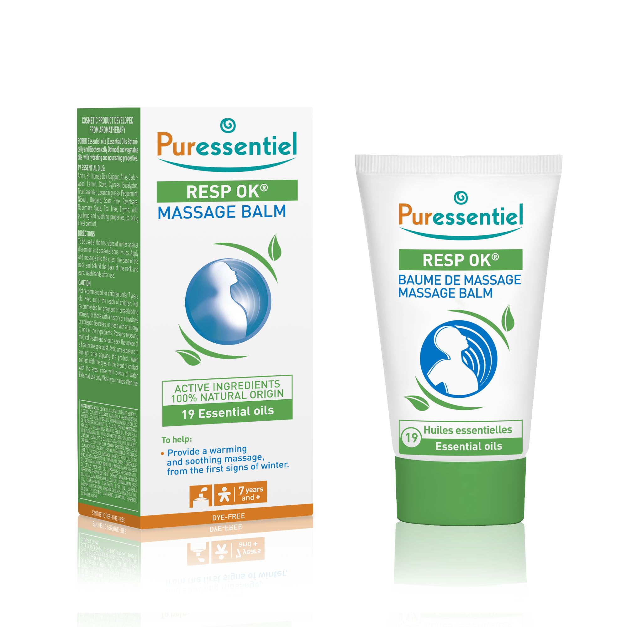 Puressentiel, Resp ok Balm Winter ailments Seasonal sensitivities 100 natural origin USP2230, 19 ESSENTIAL OILS: Anise, Bay St Thomas, Cajeput, Cedar wood, Lemon, Clove, Cypress, Eucalyptus, Lavander officinale, Lavandin grosso, Peppermint, Niaouli, Oregano, Sylvestris Pine, Ravintsara, Rosemary, Sage officinale, Tea Tree, Thyme, 50 ml