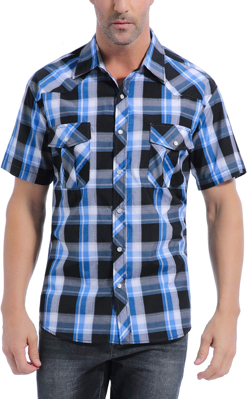 COEVALS CLUBMen's Western Cowboy Short Sleeve Pearl Snap Casual Plaid Work Shirts
