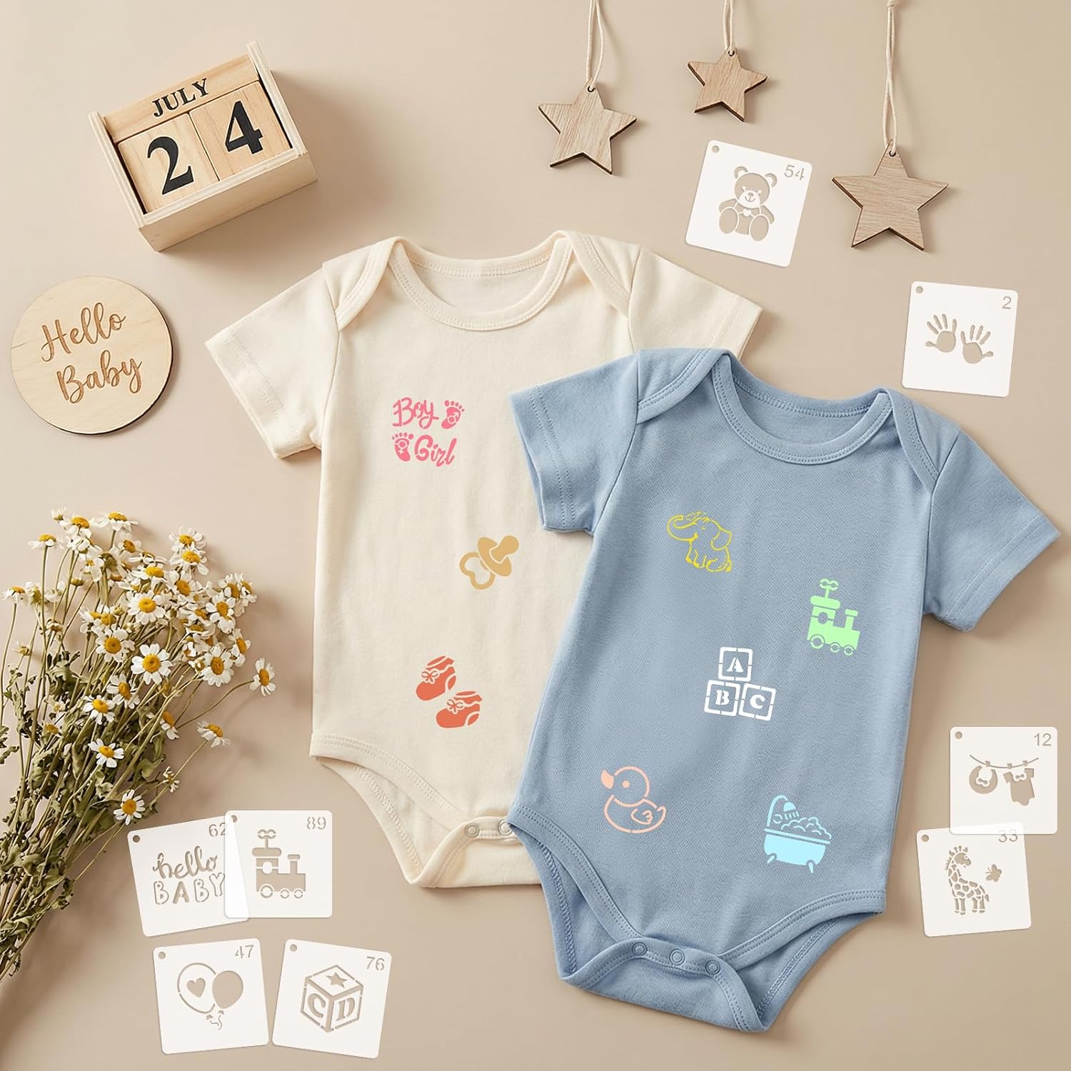 MWOOT 100 Pieces Baby Shower Stencils for Painting, 2 Inch Small Stencils for Crafts Reusable, Bib Decorating Kit Baby Shower, Cute Onesie Stencil for Painting on Wood, Tile, Canvas Decor (5x5 CM) image 3