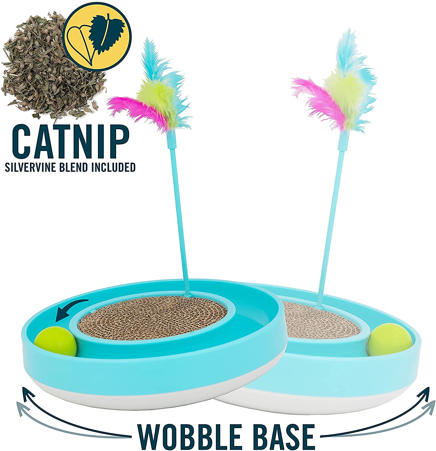Our Pets Juguete para Gatos Wobble Scratch Track - Juguetes interactivos para Gatos de Interior con Pista de Bola para Gatos Que Rueda, Varita de Plumas y Almohadilla rascadora. Ideal como Juguete