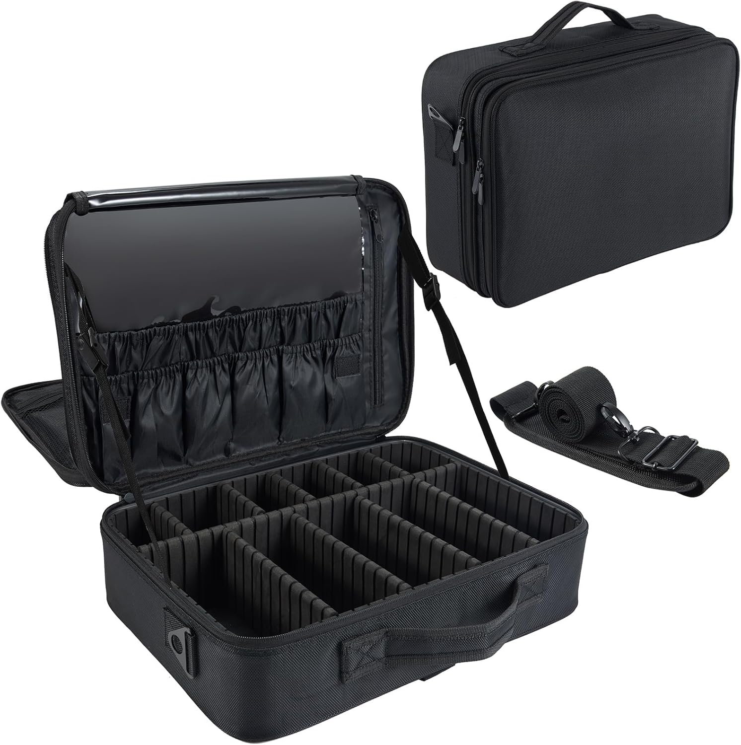 Yueieoun Large Makeup Case with 3-Layer, Makeup Artist Train Case Cosmetics Bag Organizer Case Large Capacity for Brush Sets Toiletry Travel with Shoulder Strap and Dividers, Stripe Vintage