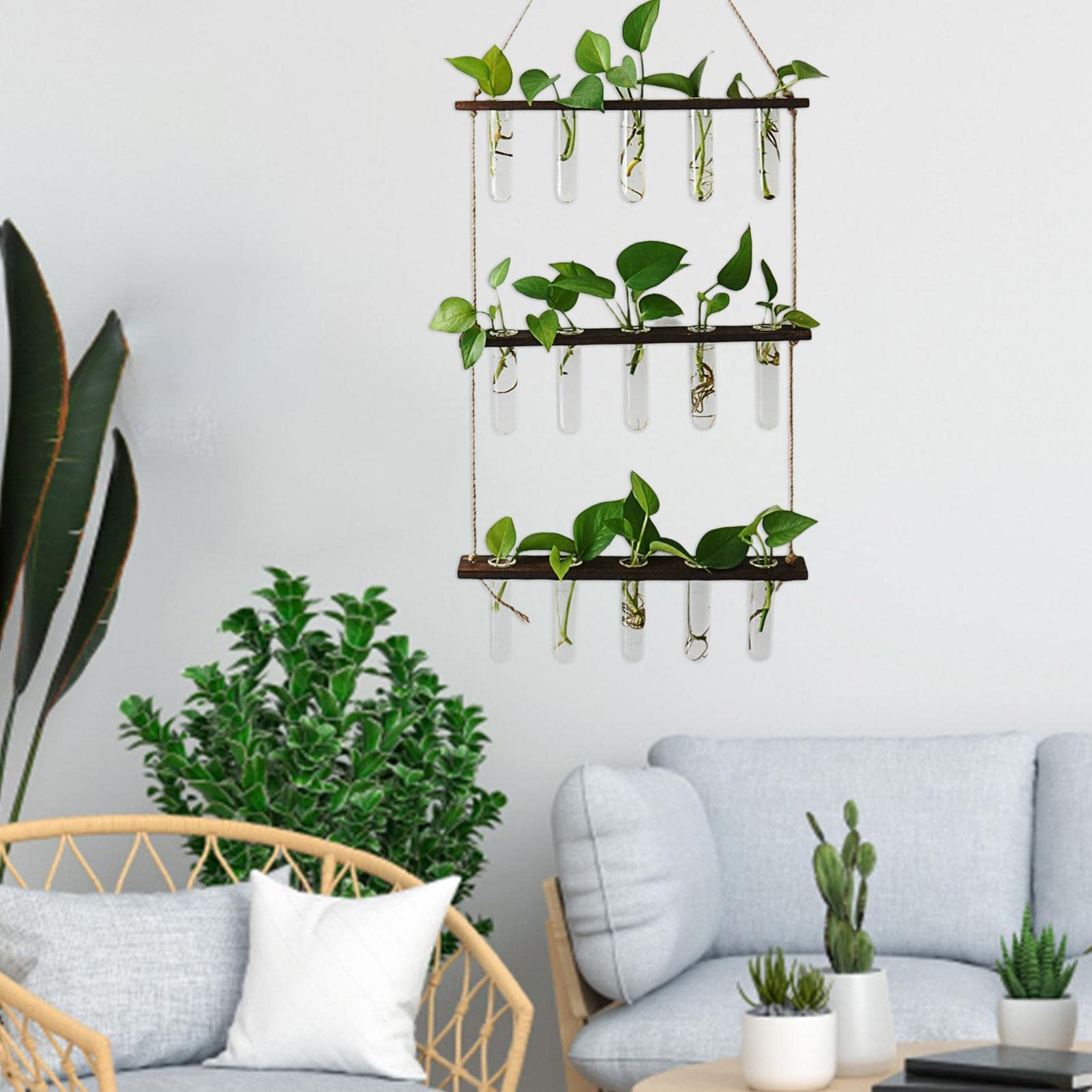 Hängevase aus Glas, Ausbreitungsstation für Pflanzen Pflanzkübel Pflanzkübel Hängende Pflanzkübel aus Glas, moderne Glasröhrchen für Innen für Blumen mit Holzständer für