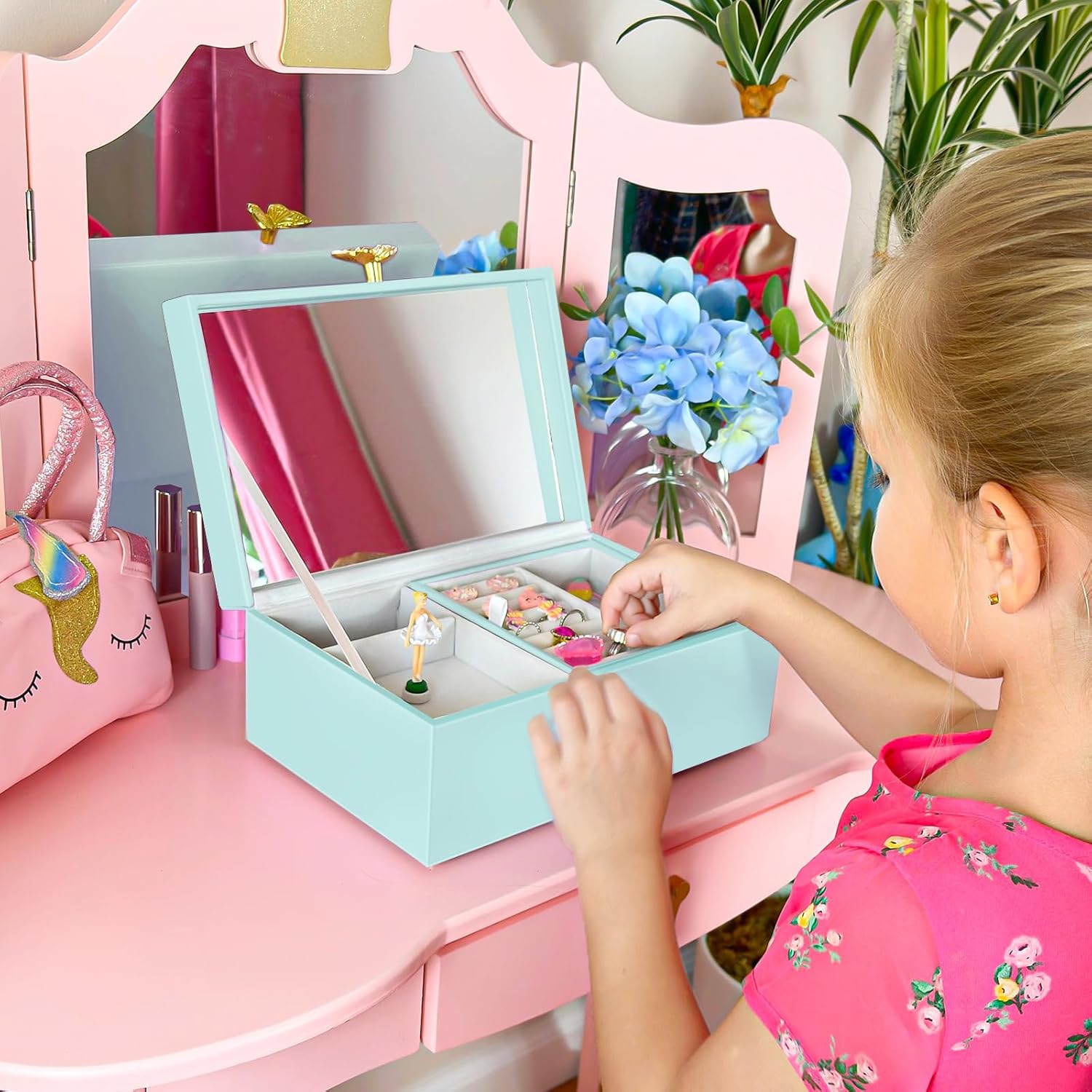 ProCase Girls Musical Jewelry Box with Spinning Ballerina, Kids Jewelry Boxes Storage, Ballerina Music Box Gifts for Little Girl Daughter, Birthday Anniversary Christmas Gifts -Blue