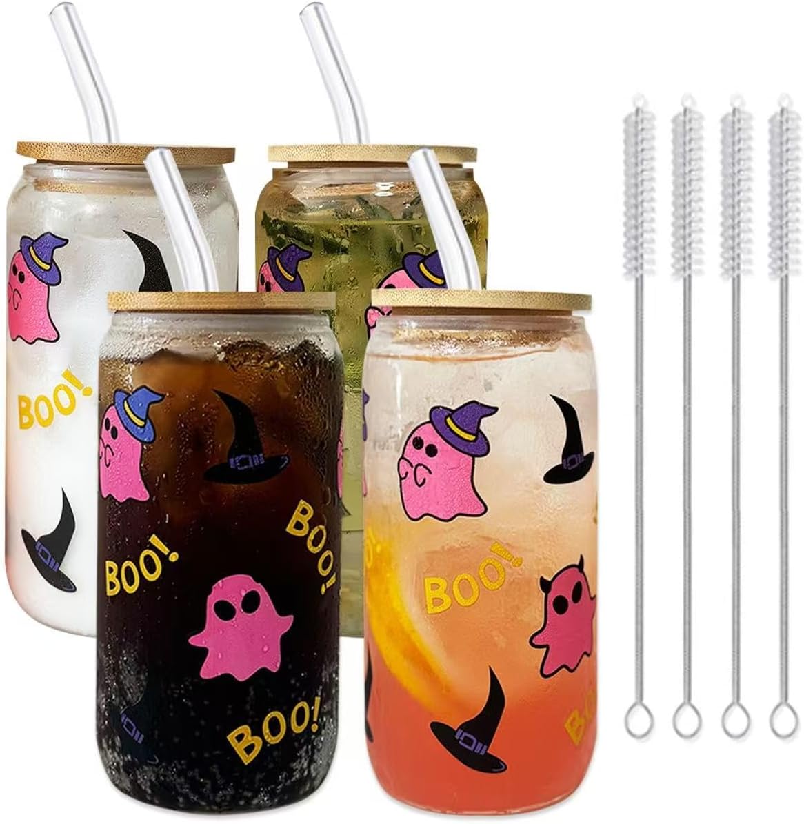 Color Changing glass cups - Glasses Cup with Bamboo Lids and Straws, 16oz Glass Tumbler for Ice Coffee Milk Tea Juice, Cold/hot Drinks, Cute Ghost Printed Drinking Cup with Straw Brush (4 pack)