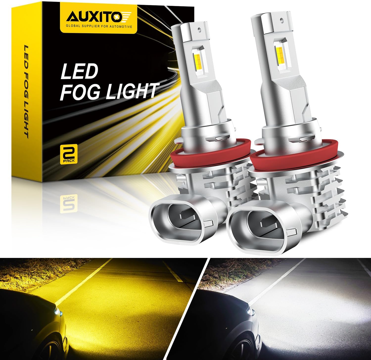 AUXITO H11 H8 H16 Switchback LED Fog Light Bulbs, 6500K White/3000K Amber Yellow, 6000LM 300% Brightness, Dual Color White Yellow Driving Fog Lights, Non-polarity, Pack of 2