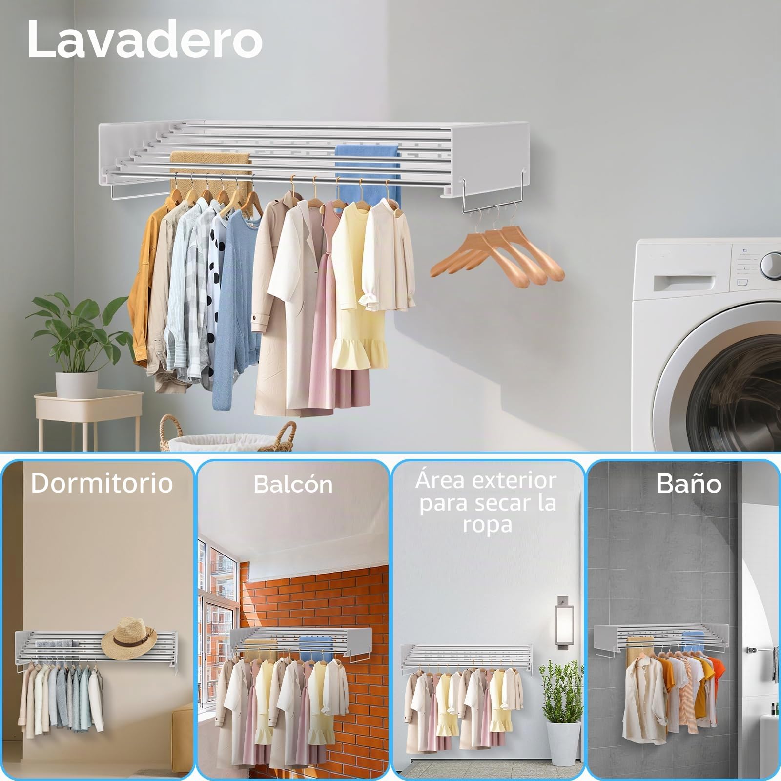 Tendedero de ropa montado en la pared | Tendedero retráctil | Tendedero plegable con varillas de 80 cm x 5 líneas para colgar | Secador de ropa plegable para baño interior y exterior (blanco)