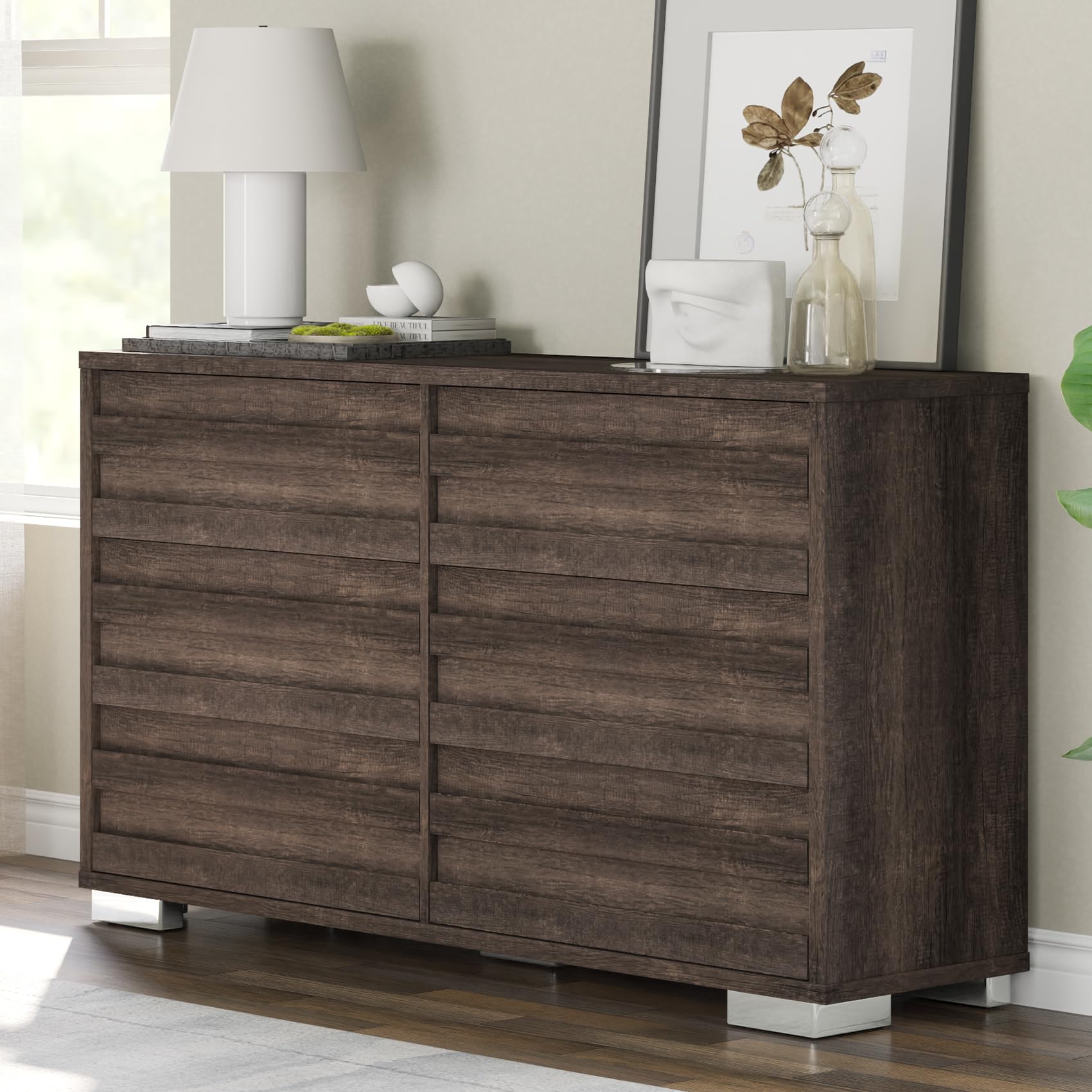 AMERLIFE Farmhouse Double Drawer Dresser with 6 Drawers, 54" Wide Chest of Drawers with Slat Handle, Wooden Dresser for Bedroom, Living Room, Grey
