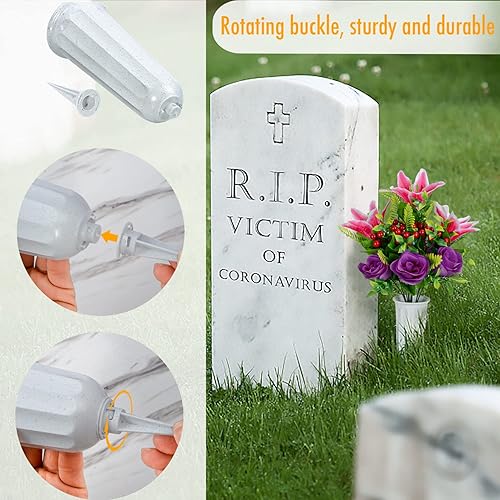 Miniatura 5 de XONOR Flores artificiales de cementerio para tumba, juego de 2 flores artificiales conmemorativas con jarrón para cementerio al aire libre, lápidas,