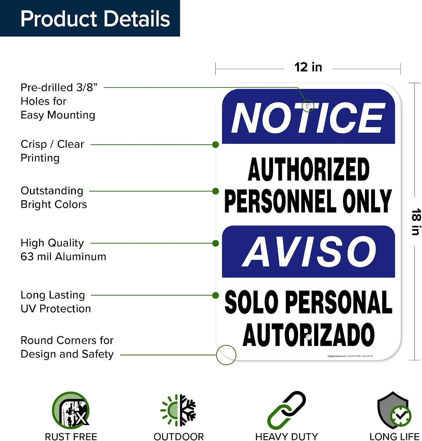 Authorized Personnel Only Bilingual Sign, (MS-1143) 12"x18" Aluminum, Fade Resistance, Indoor/Outdoor Use, USA MADE By My Sign Center