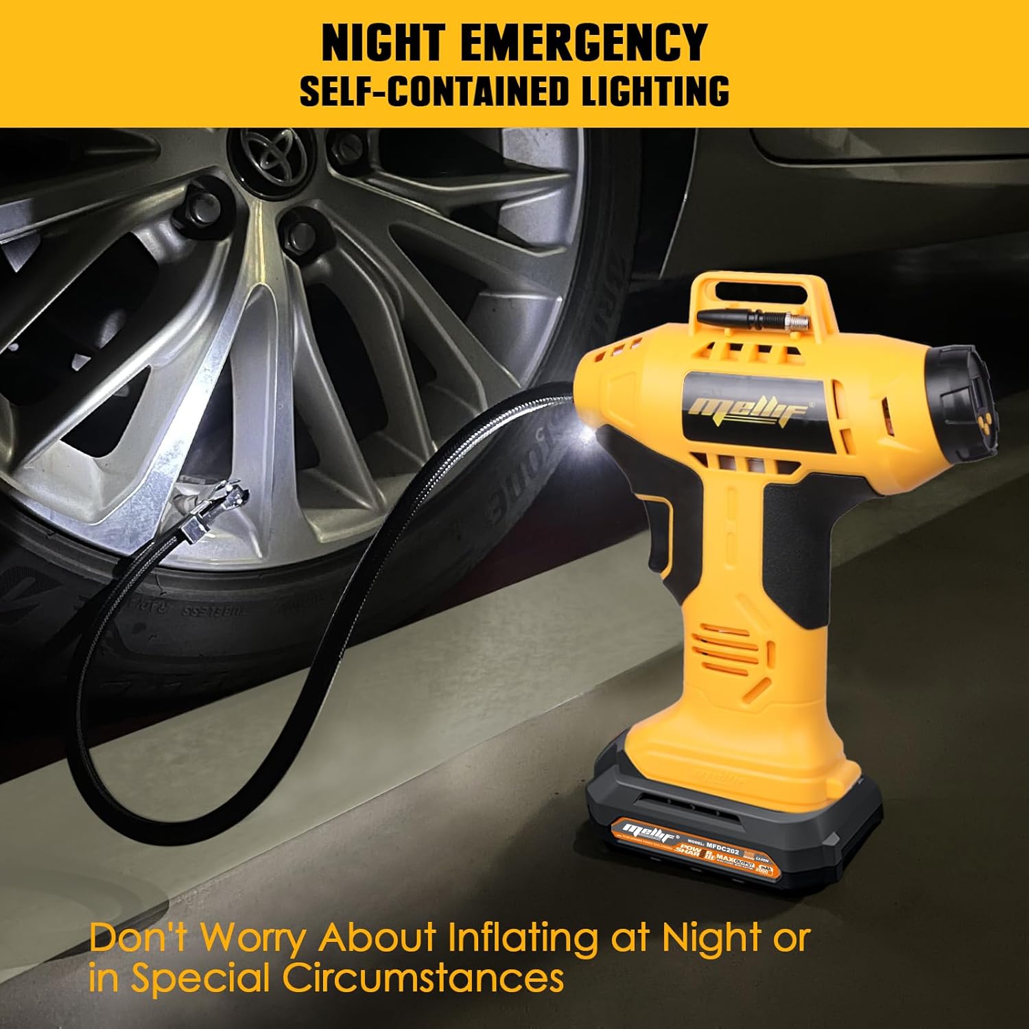 Mellif Tire Inflator with LED light in dark environment