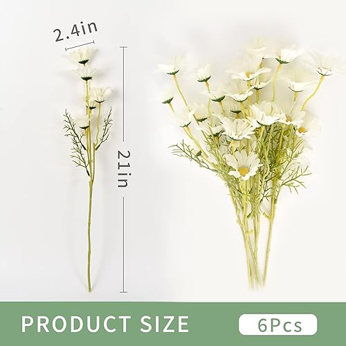 Miniatura 5 de 6 paquetes de margaritas artificiales de seda sintética de 21 pulgadas con tallos para decoración del jarrón del hogar y el jardín (blanco)
