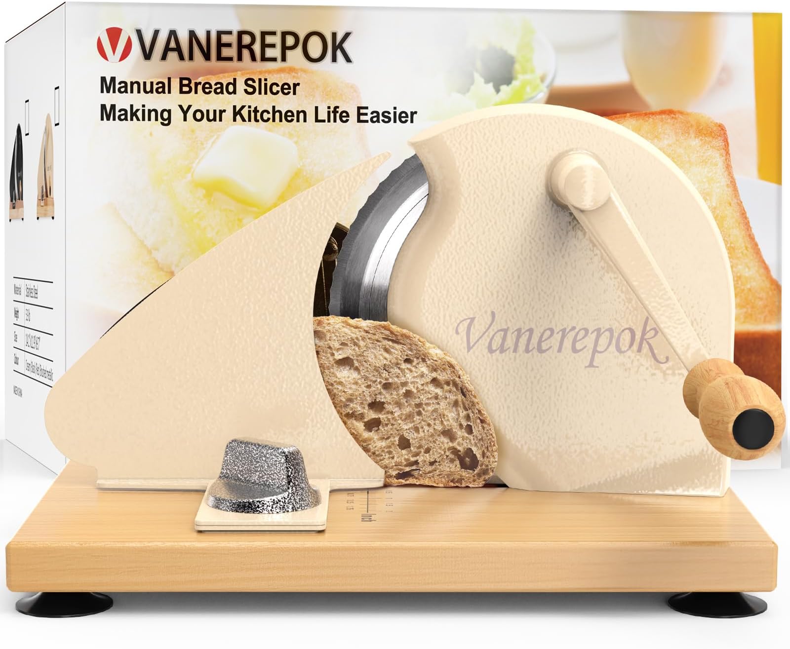Manual Bread Slicer Versatile Hand-Crank Bread Slicer Manual Rotary Bread Slicer stainless steel slices for Butter, Chocolate, Sausage etc Adjustable Width 0.78'' for Homemade & Commercial Use(White)