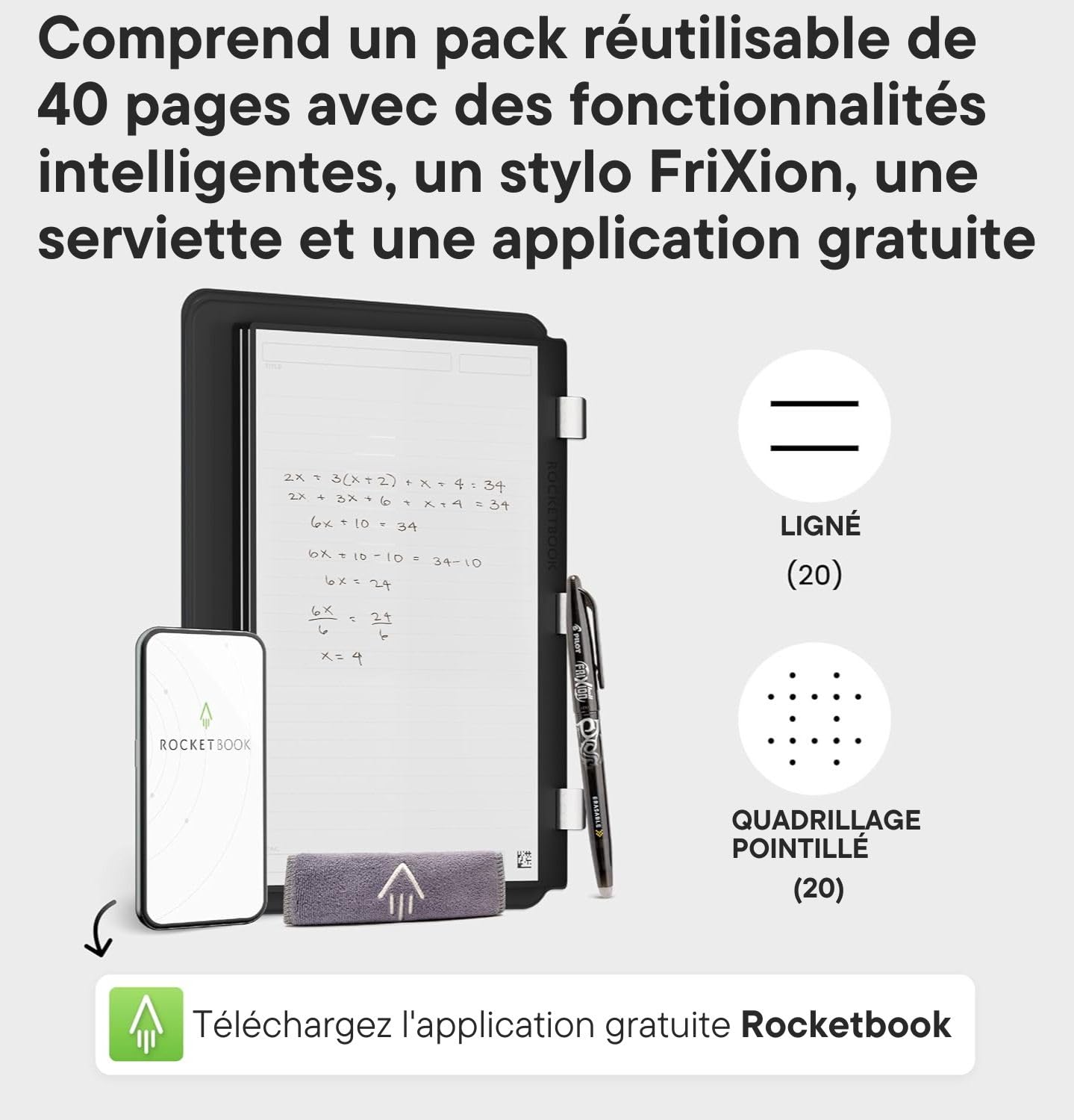 Rocketbook Carnet de notes numérique réutilisable – Carnet intelligent A5 noir, 20 pages, reliure à spirales, papier pointillé et ligné, couverture en cuir vegan avec stylo effaçable Frixion