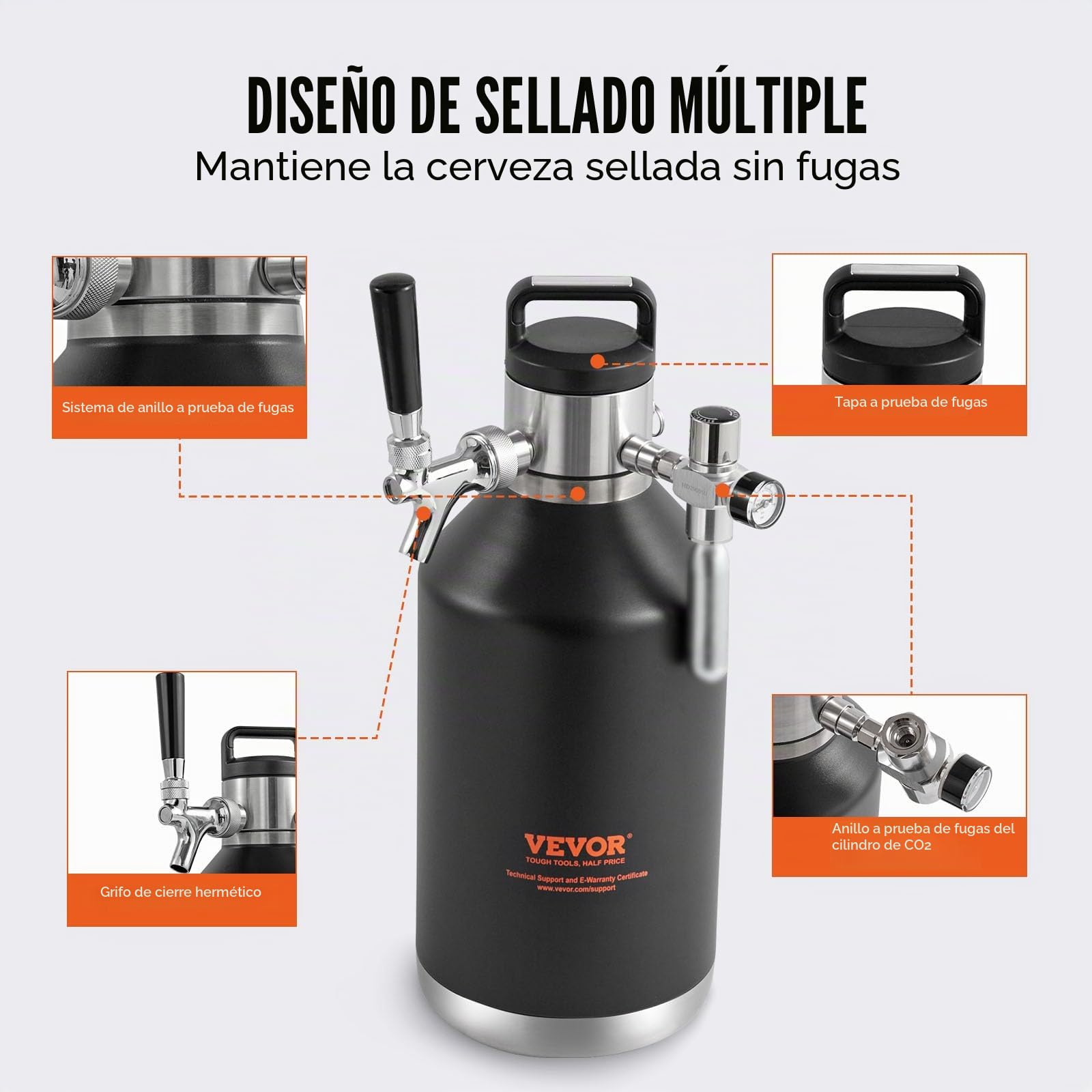 VEVOR Mini Barril de Cerveza Portátil 128Oz 4L Mini Barril Presión Ajustable 0~30PSI de Acero Inoxidable Sistema de Grifo Aislado a Presión para Mantener Cerveza Carbonatada Fresca para Camping Pícnic