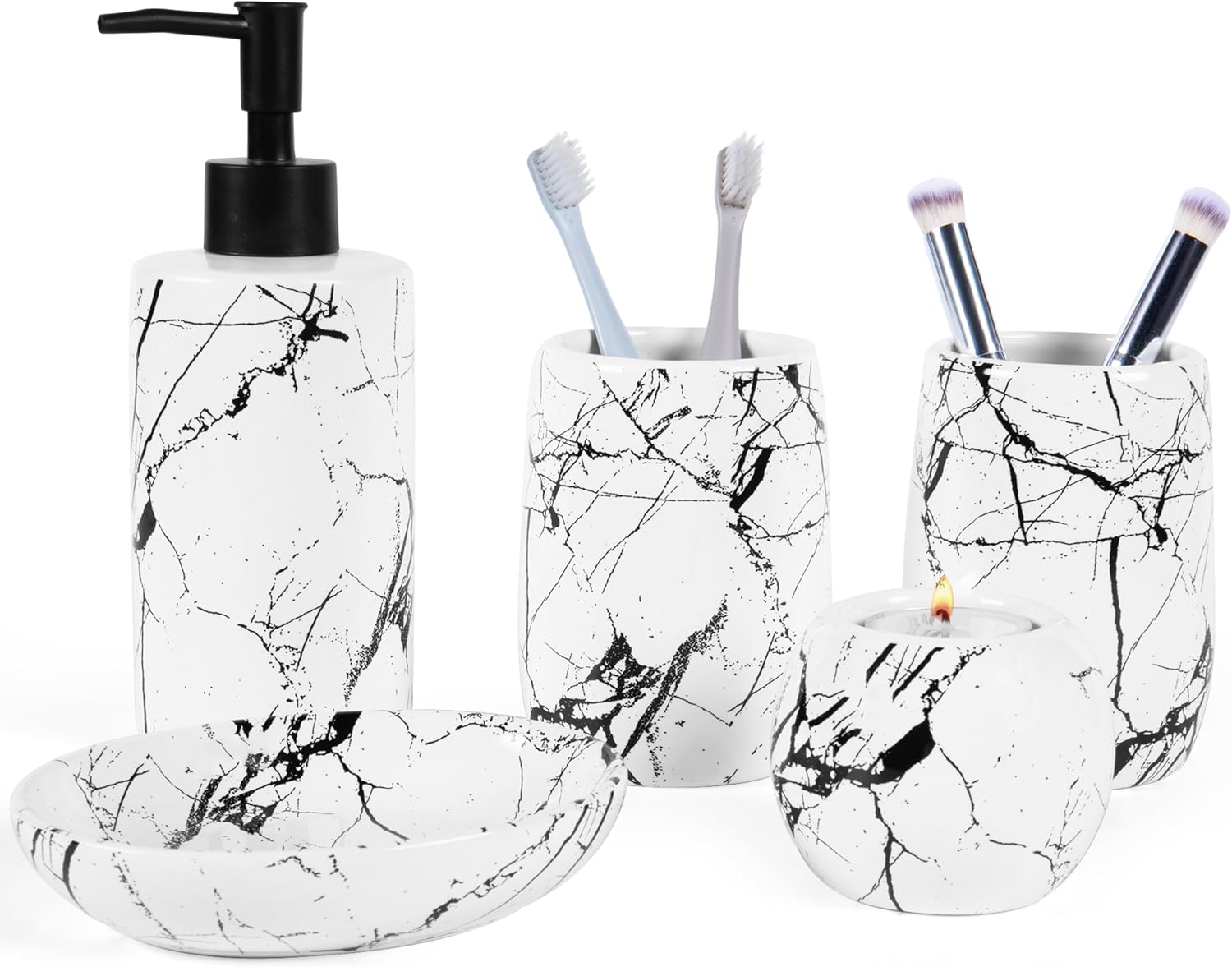 Ceramic Bathroom Accessory Set, 5-Piece Bathroom Accessory Set, Soap Dish, Toothbrush Holder, Soap Dispenser, Bathroom Tumbler & Candle Holder - Modern Bathroom Organizer, (White & Black)