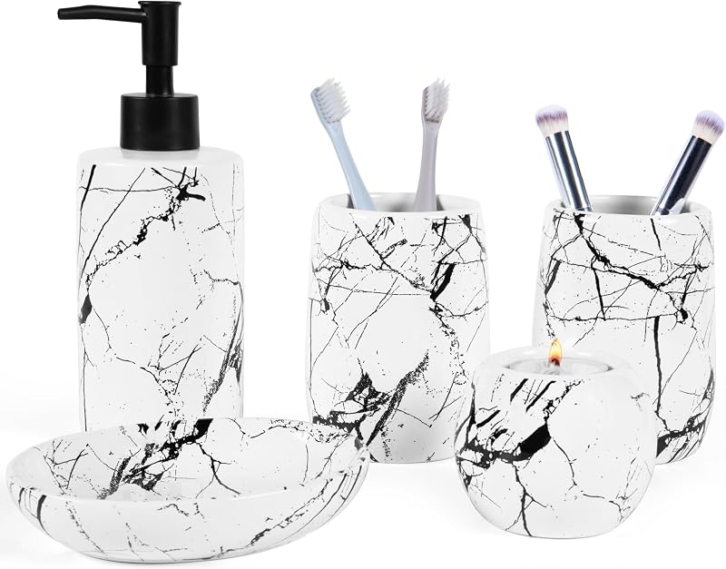 Ceramic Bathroom Accessory Set, 5-Piece Bathroom Accessory Set, Soap Dish, Toothbrush Holder, Soap Dispenser, Bathroom Tumbler & Candle Holder - Modern Bathroom Organizer, (White & Black)