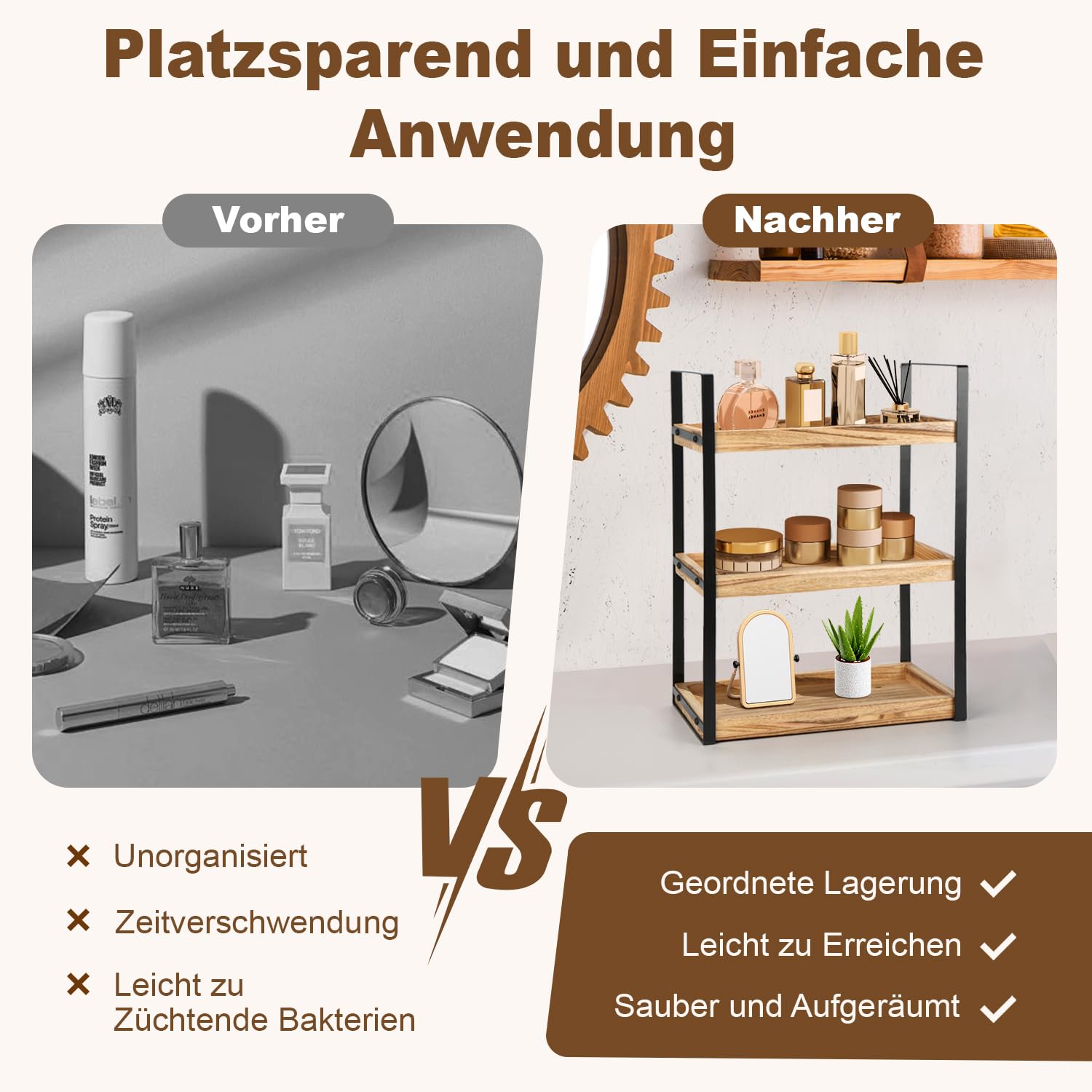 3 Ebenen Standregal Badezimmer Organizer, Feuchtigkeitsgeschützt Holzregal Badezimmer Braun Regal Holz mit Metallgestell, Multifunktionales Gewürzregal, Schreibtisch-Organizer für Küche