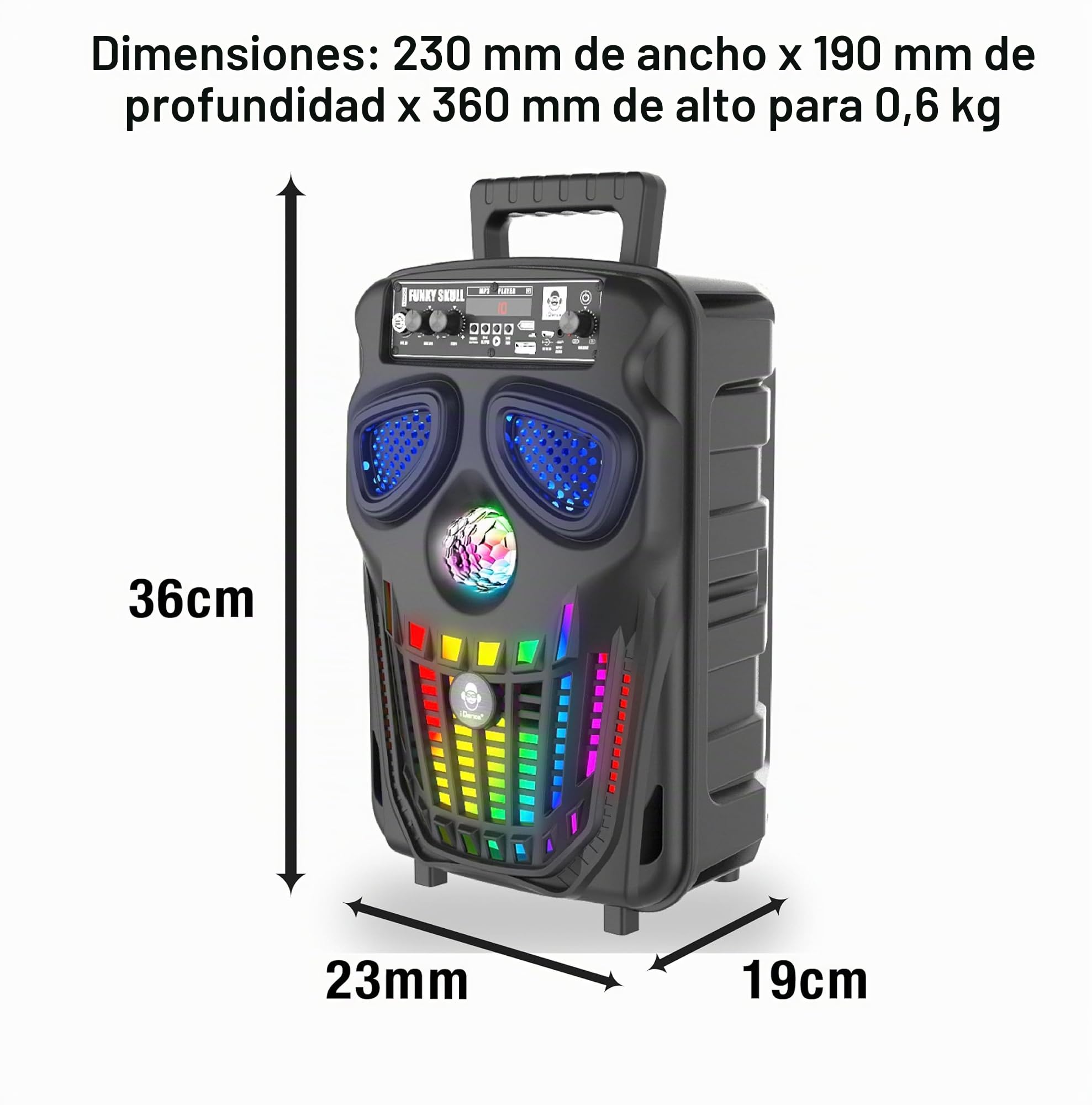 Altavoz Bluetooth Karaoke con Micrófono y Mando a Distancia - Luces LED y Batería Recargable - Diseño de Calavera - con Asa Plegable para Fácil Transporte - Equipo de Sonido Profesional Inalámbrico