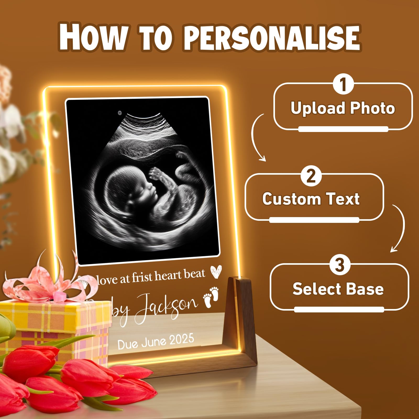 Personalized Ultrasound Picture Frame LED Night Light, Pregnancy Gift for New Moms, Custom Acrylic Plaque with Sonogram Photo, Gender Neutral Love at First Sight Baby Keepsake Nursery Decor