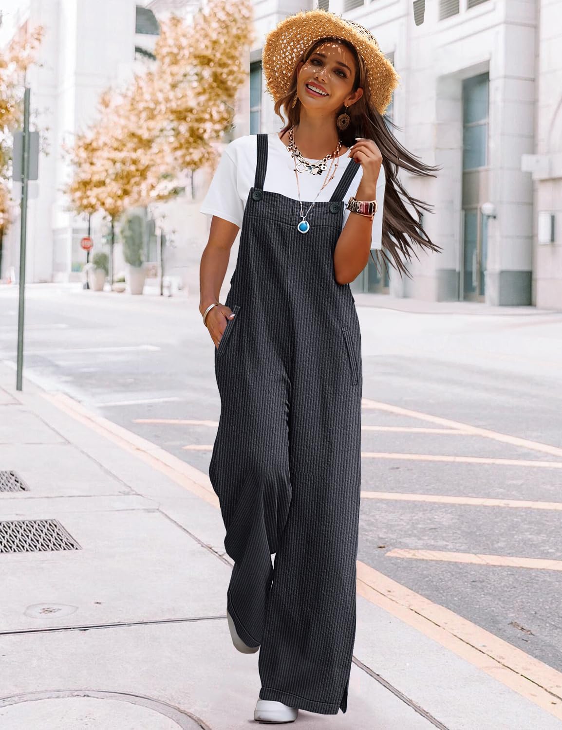 YESNO Women's Casual Corduroy Overalls Adjustable Straps Baggy Pants Wide Leg Jumpsuits with Pockets PC2 - Image 3